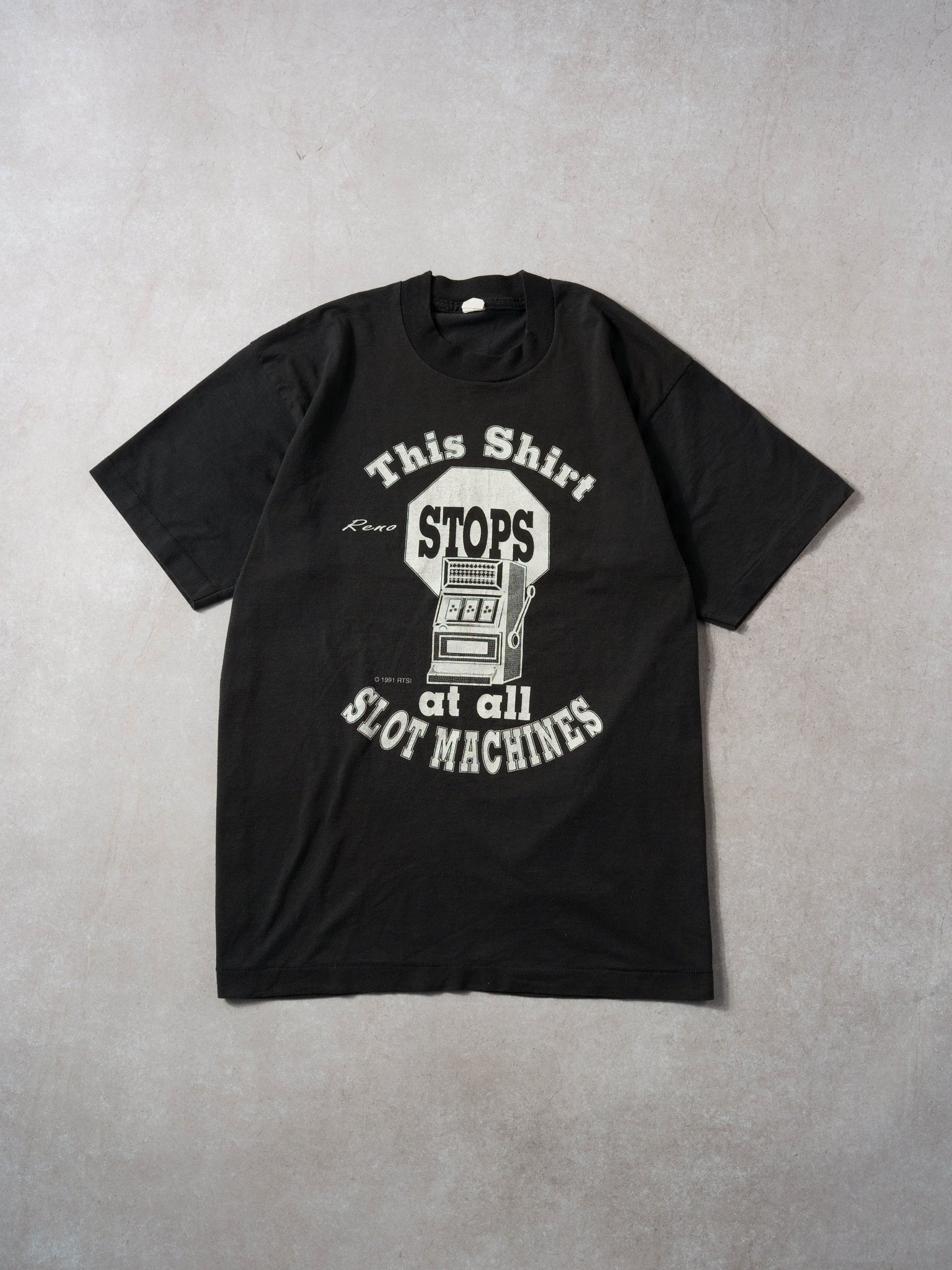 Vintage 91' Washed Black Single Stitched "This Shirt STOPS At All Slot Machines" Graphic Tee (M)