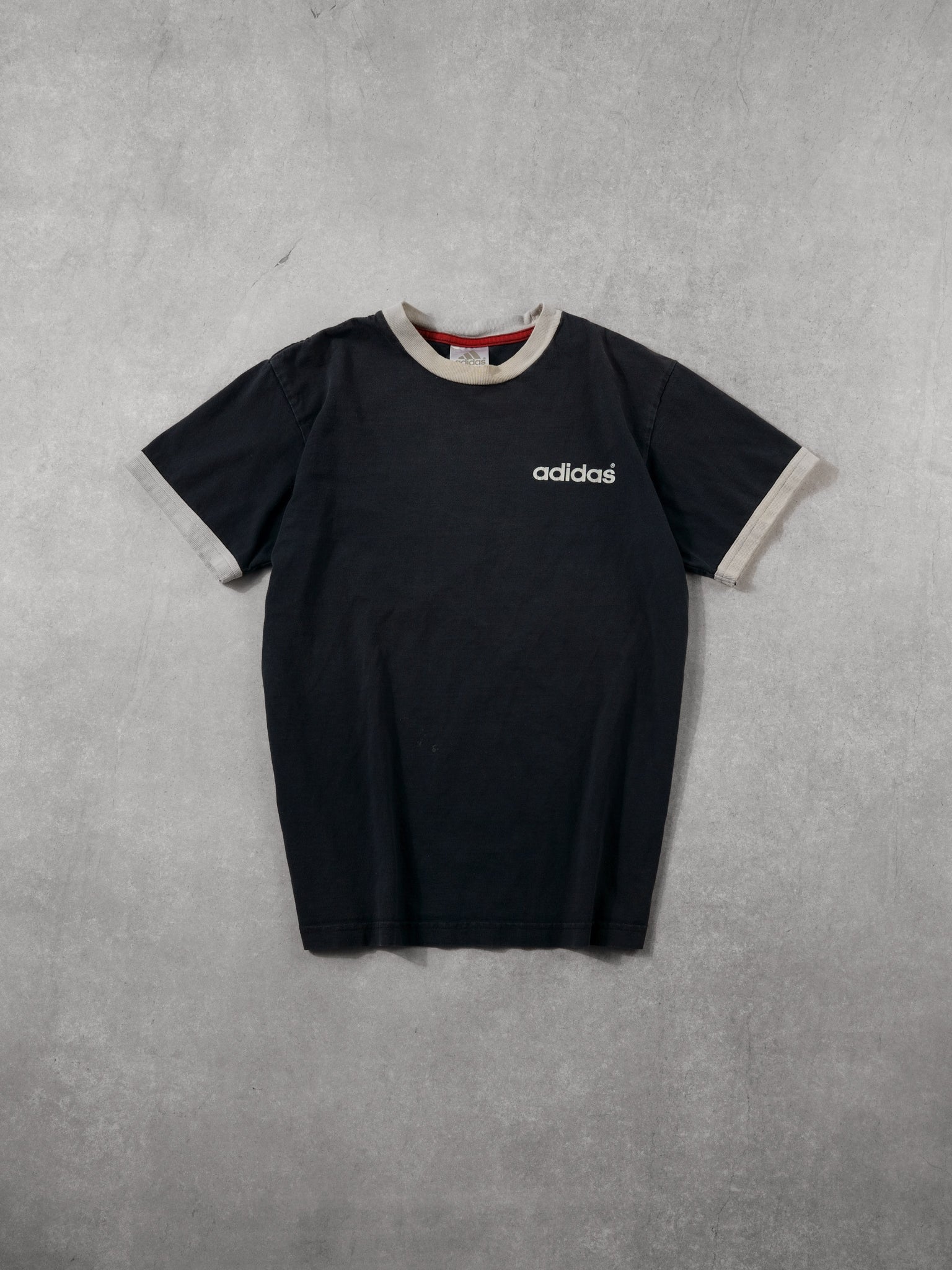 Vintage 90s Washed Black and White Adidas Ringer Tee (M)
