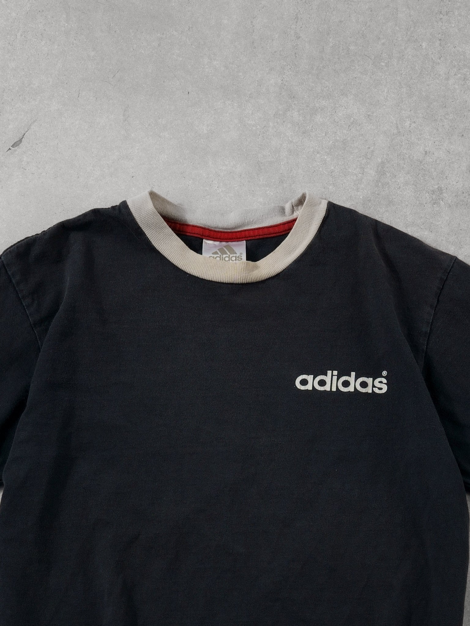 Vintage 90s Washed Black and White Adidas Ringer Tee (M)