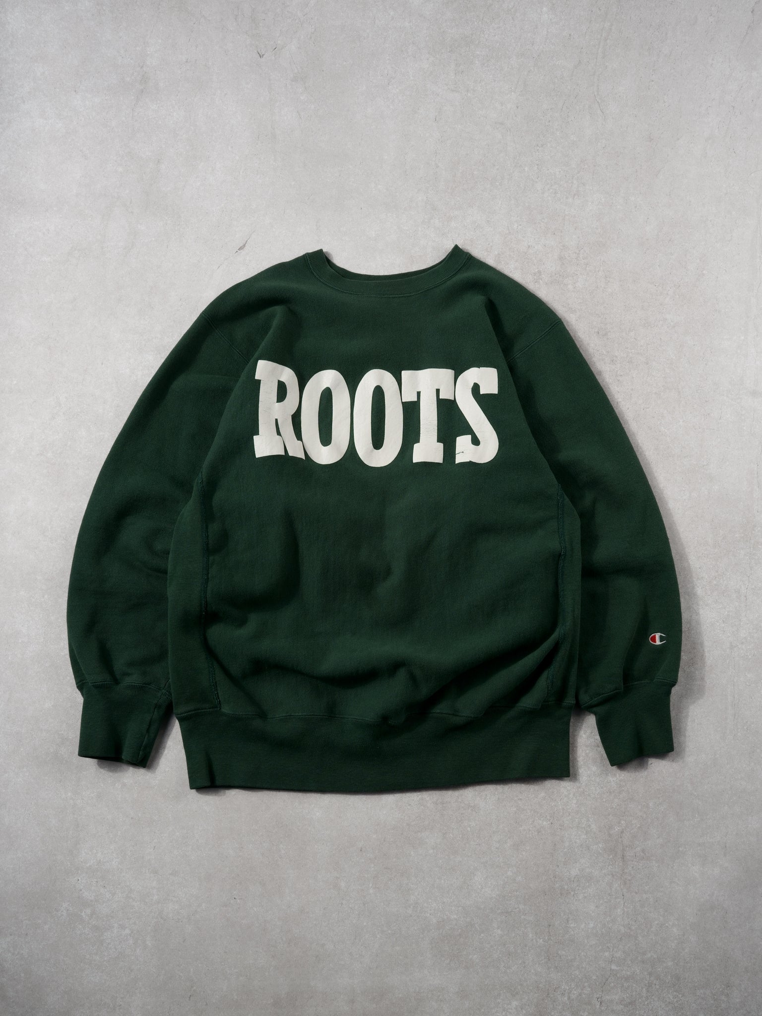 Vintage 90s Pine Green Roots X Champion Reverse Weave Crewneck (L)