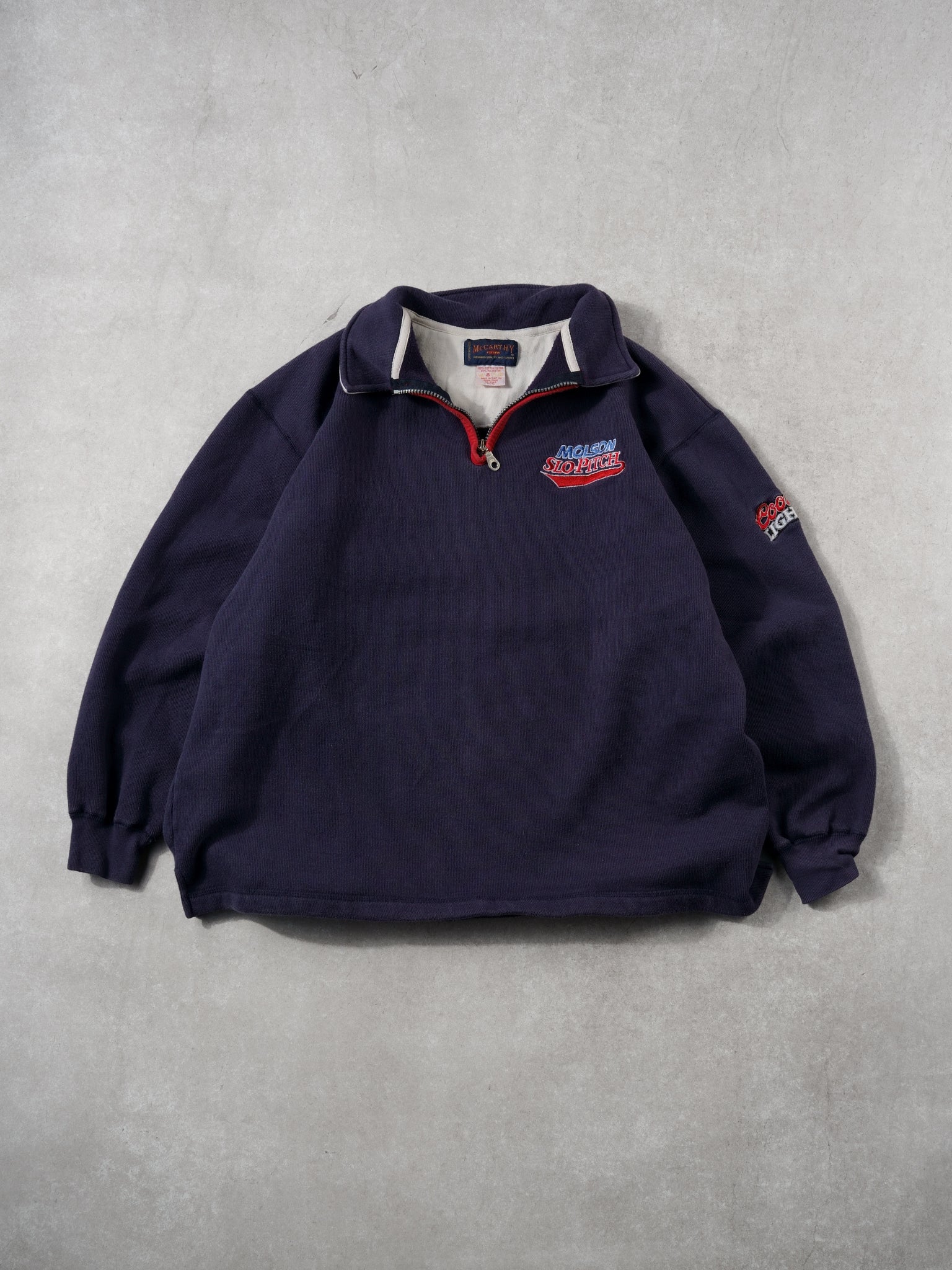 Vintage 90s Washed Dark Blue Molson Slo-Pitch Collared 1/4 Zip Crewneck (L)