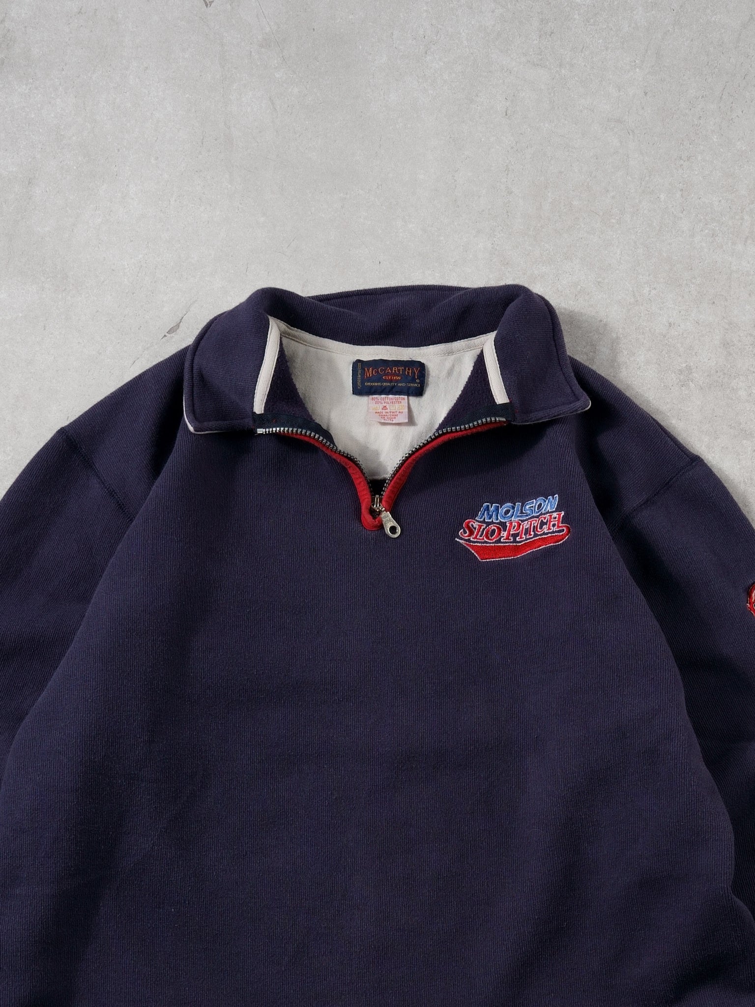 Vintage 90s Washed Dark Blue Molson Slo-Pitch Collared 1/4 Zip Crewneck (L)