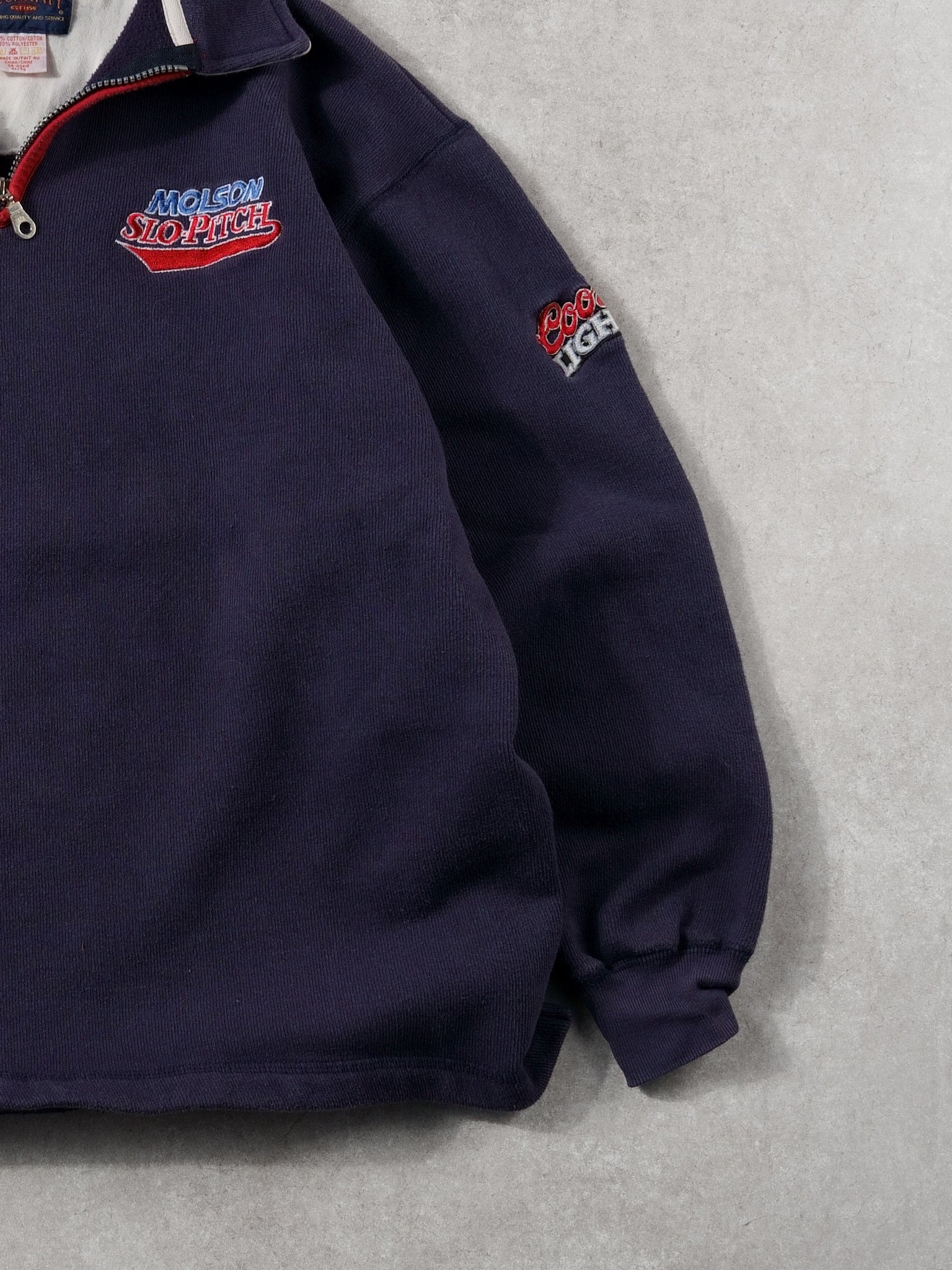 Vintage 90s Washed Dark Blue Molson Slo-Pitch Collared 1/4 Zip Crewneck (L)