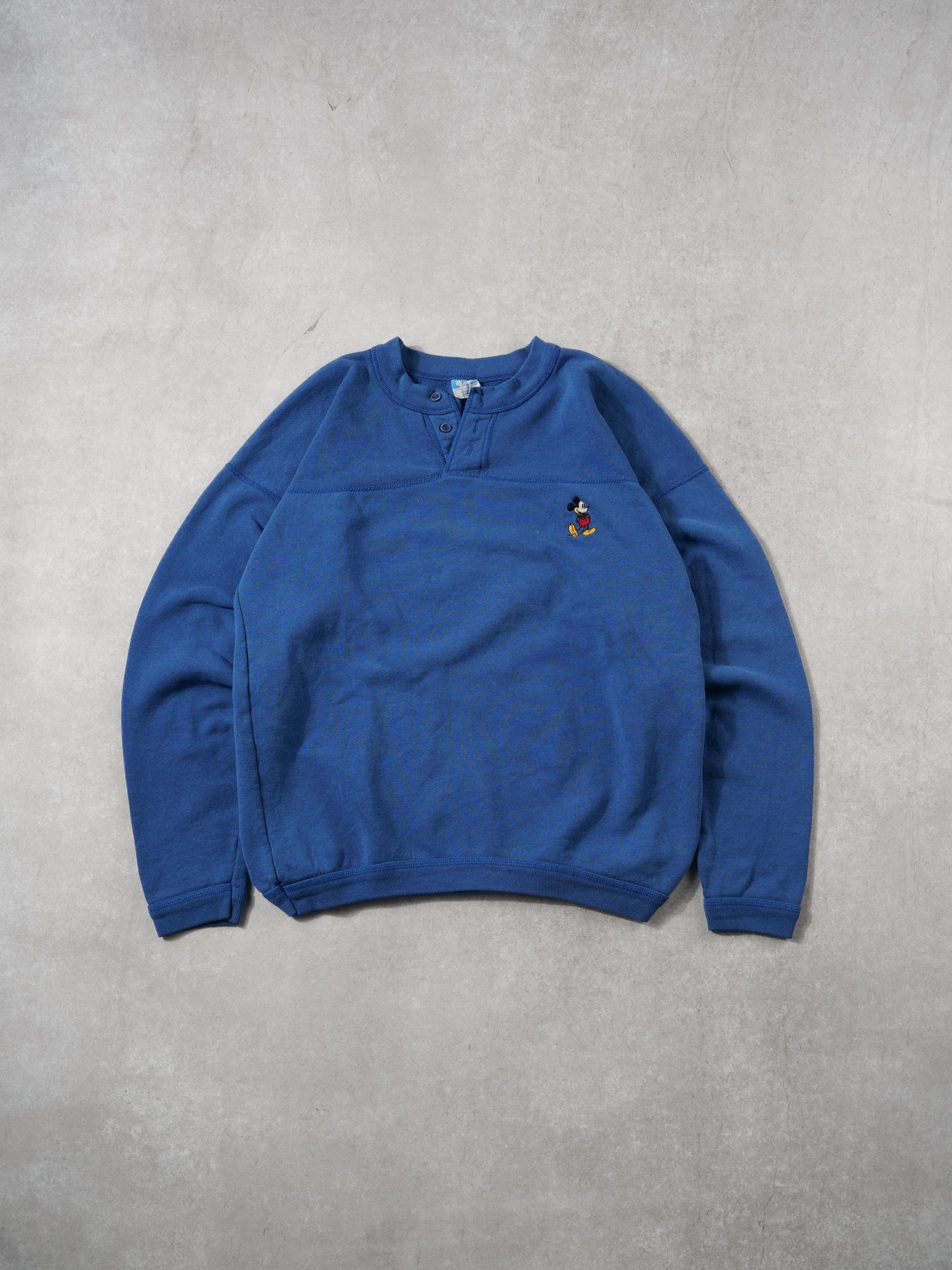 Vintage 80s Blue Mickey Mouse Embroidery Disney Button Up Crewneck (M)