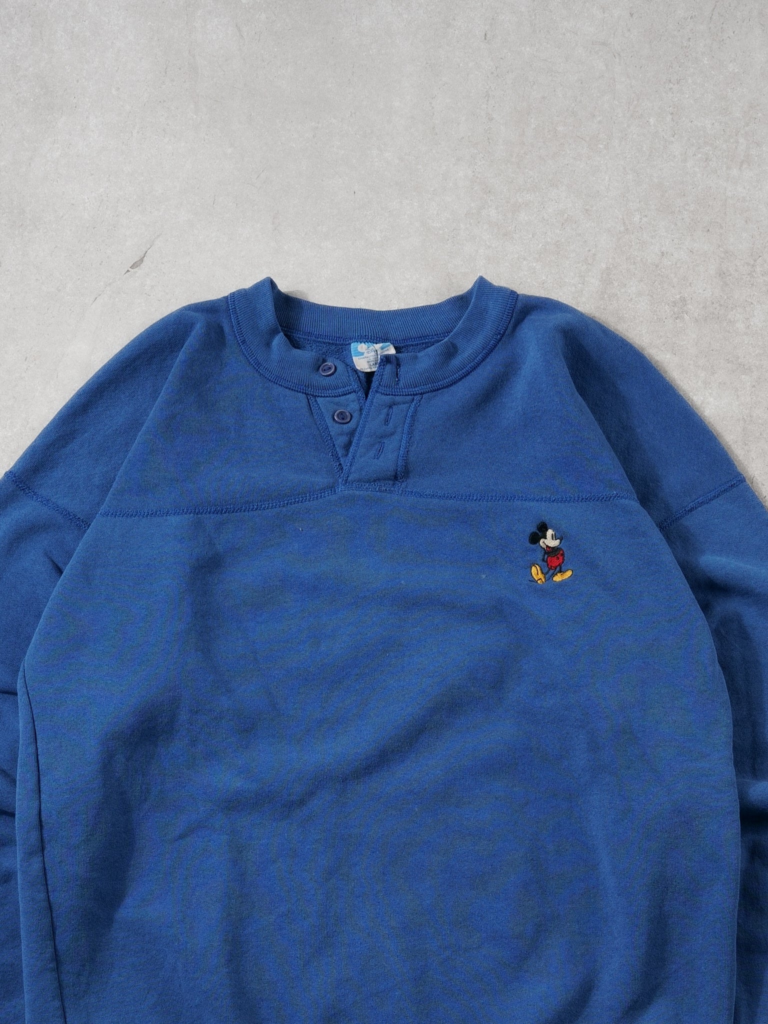 Vintage 80s Blue Mickey Mouse Embroidery Disney Button Up Crewneck (M)