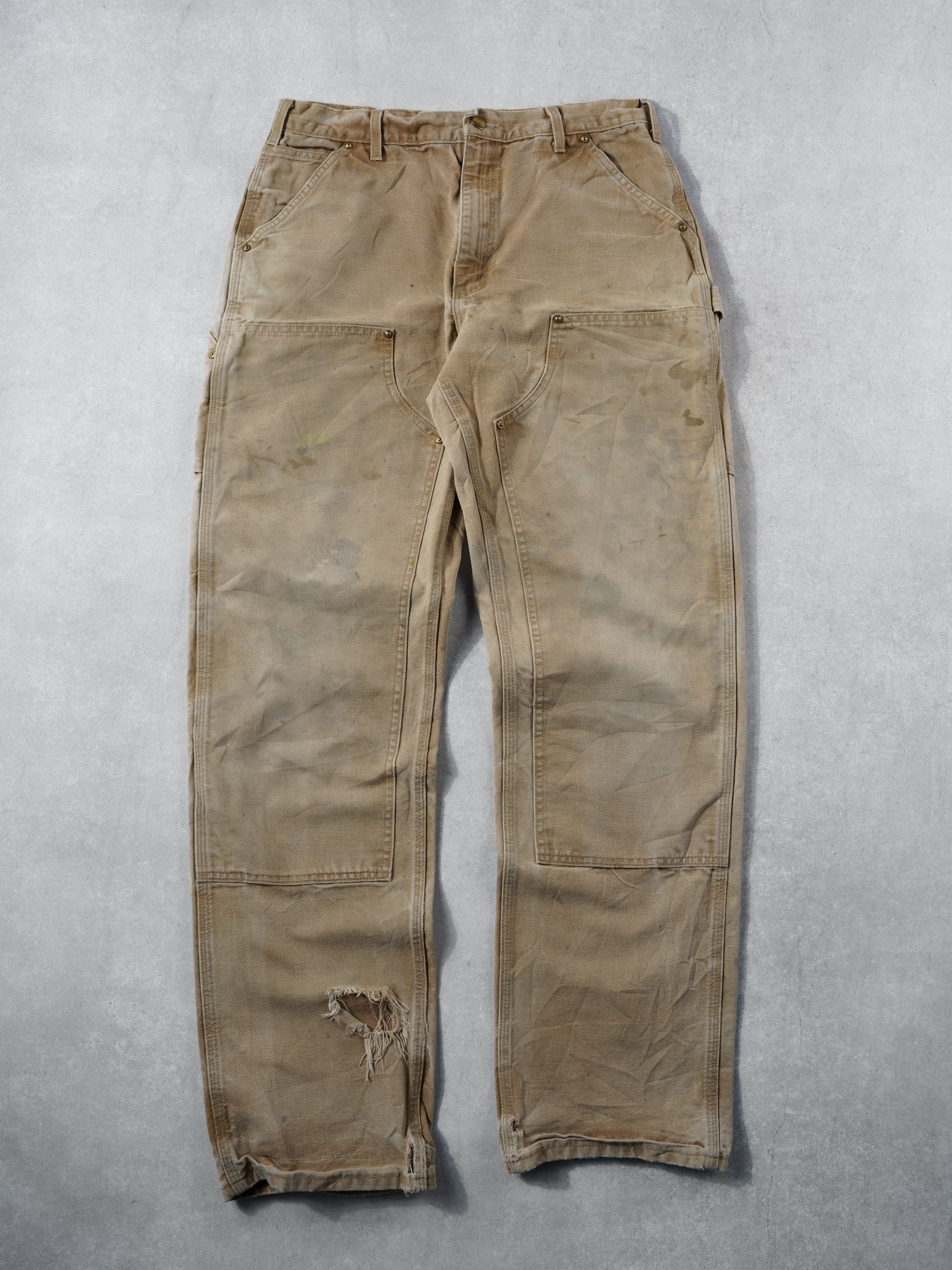 Vintage 90s Khaki Carhartt Dungeree Fit Distressed Double Knee Carpenter Pants (32x34)