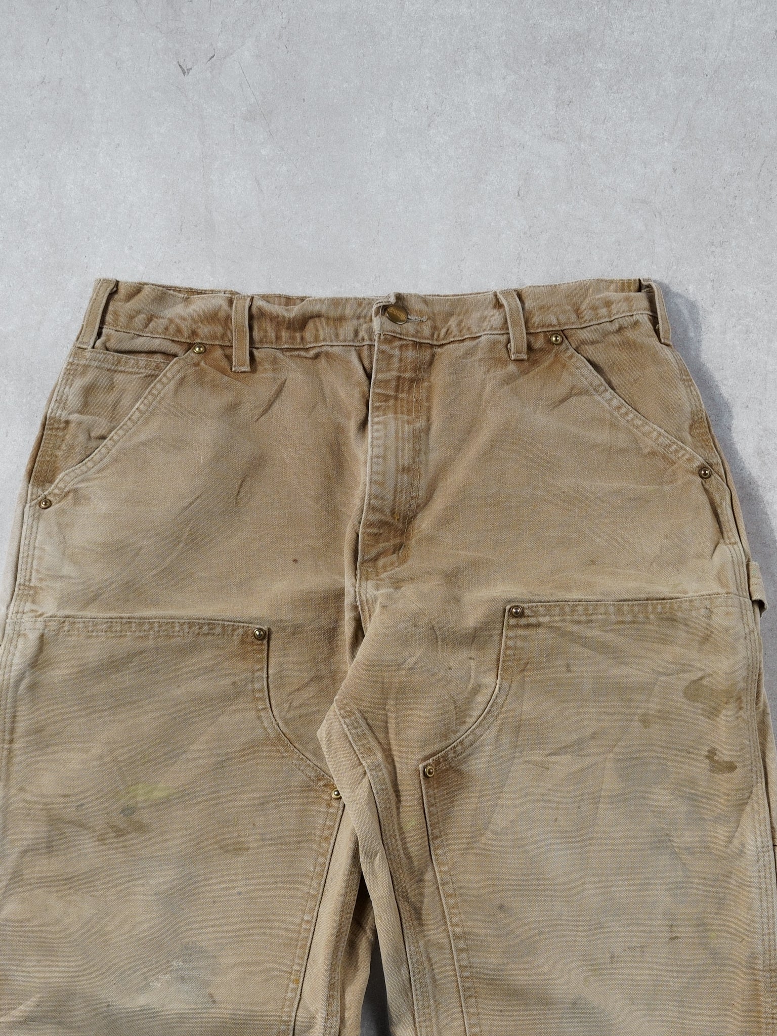 Vintage 90s Khaki Carhartt Dungeree Fit Distressed Double Knee Carpenter Pants (32x34)