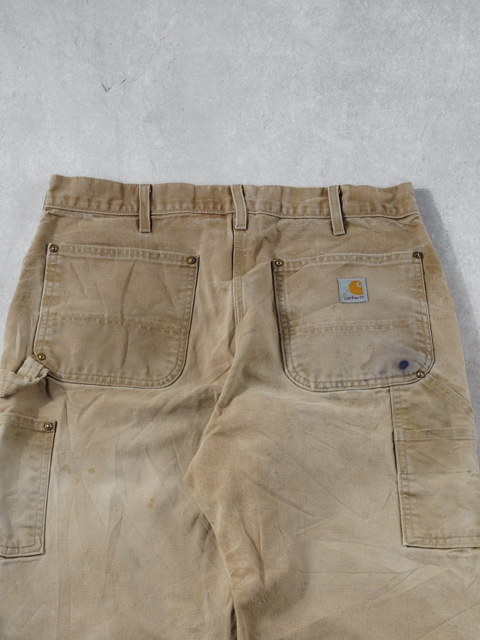 Vintage 90s Khaki Carhartt Dungeree Fit Distressed Double Knee Carpenter Pants (32x34)