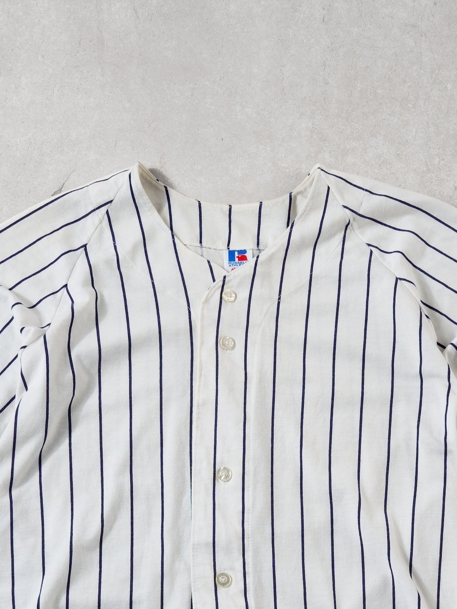 Vintage 90s White Russell Athletics Pine Striped Baseball Jersey (M)