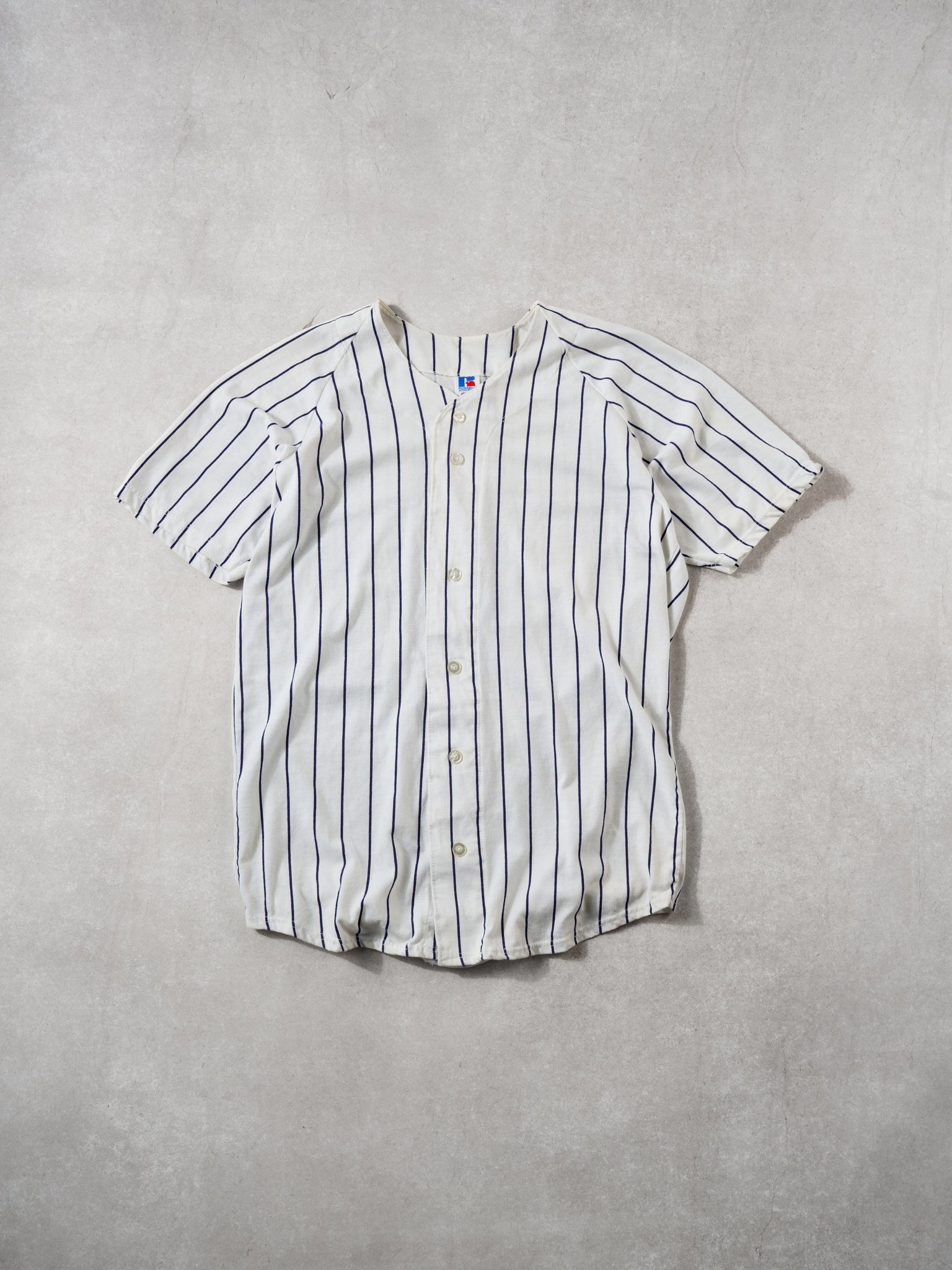 Vintage 90s White Russell Athletics Pine Striped Baseball Jersey (M)