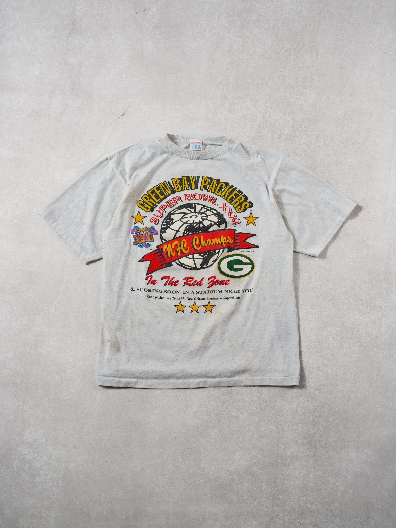 Vintage 97' Grey Green Bay Packers Superbowl XXXI Graphic Tee (S)