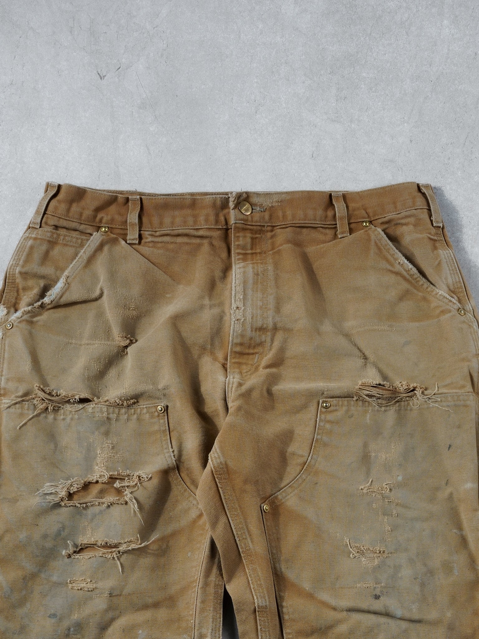 Vintage 90s Khaki Carhartt Double Knee Distressed Carpenter Pants (34x31)