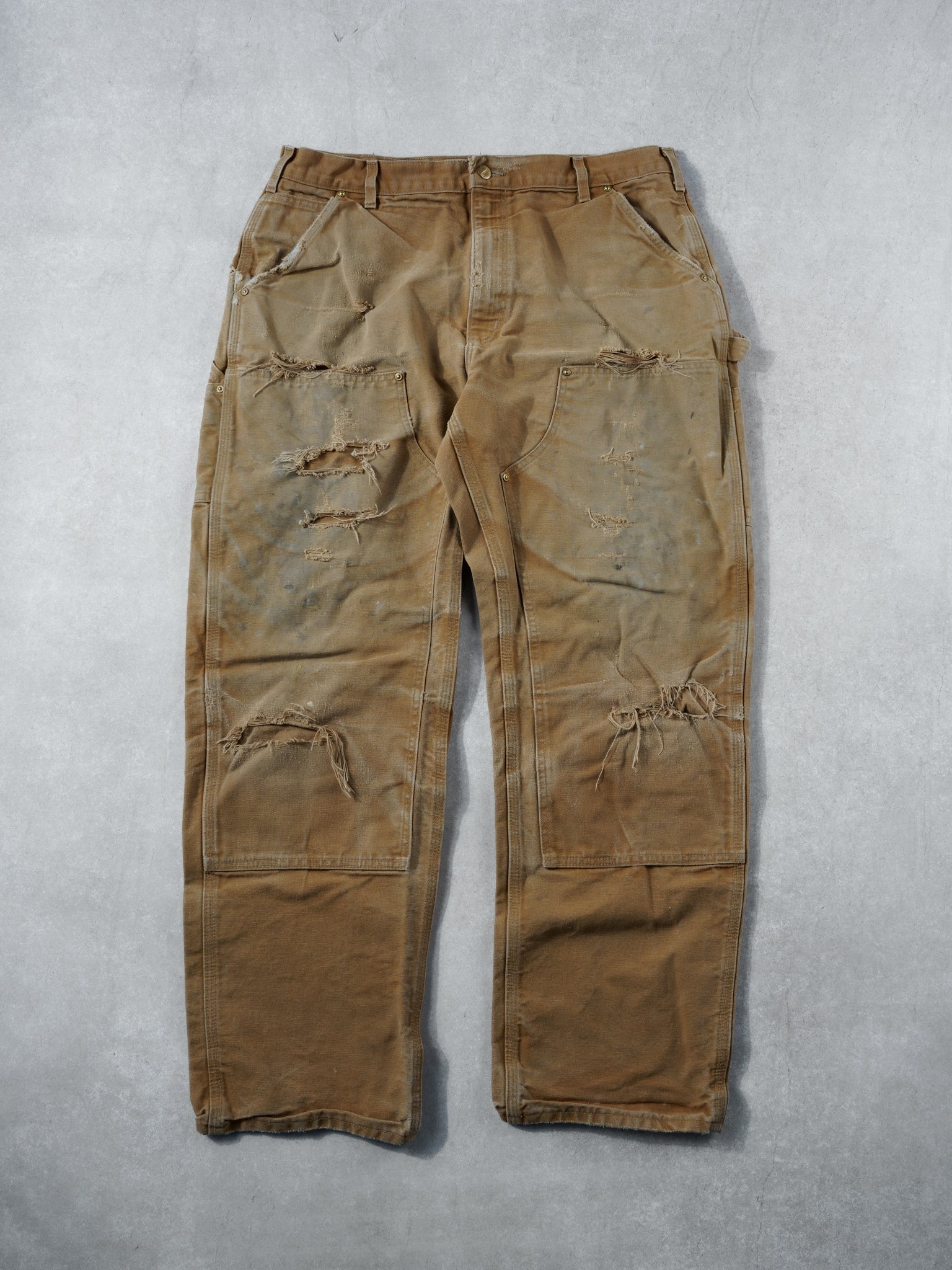 Vintage 90s Khaki Carhartt Double Knee Distressed Carpenter Pants (34x31)