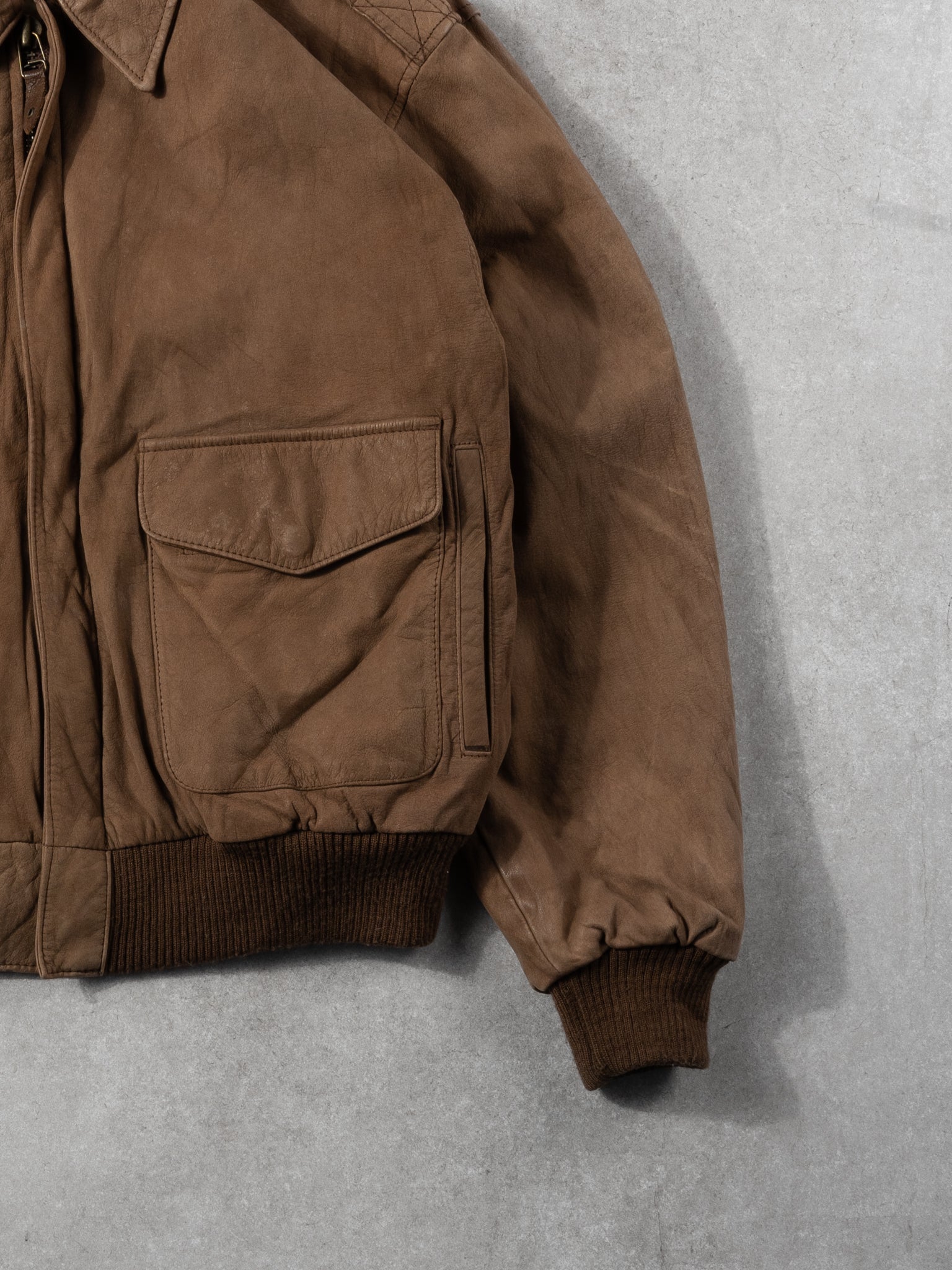 Vintage 80s Washed Brown Leather Bomber Jacket (M)