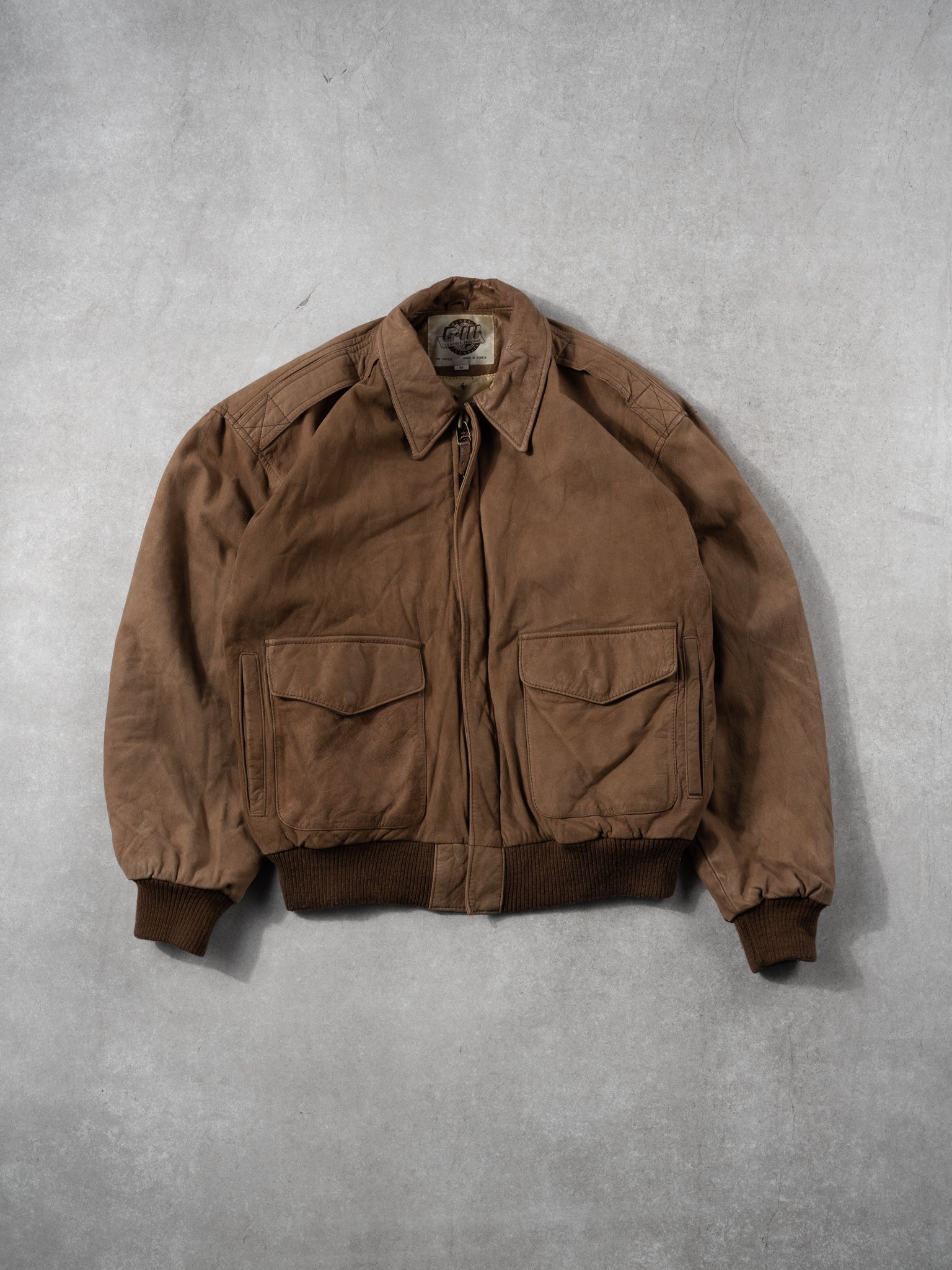 Vintage 80s Washed Brown Leather Bomber Jacket (M)
