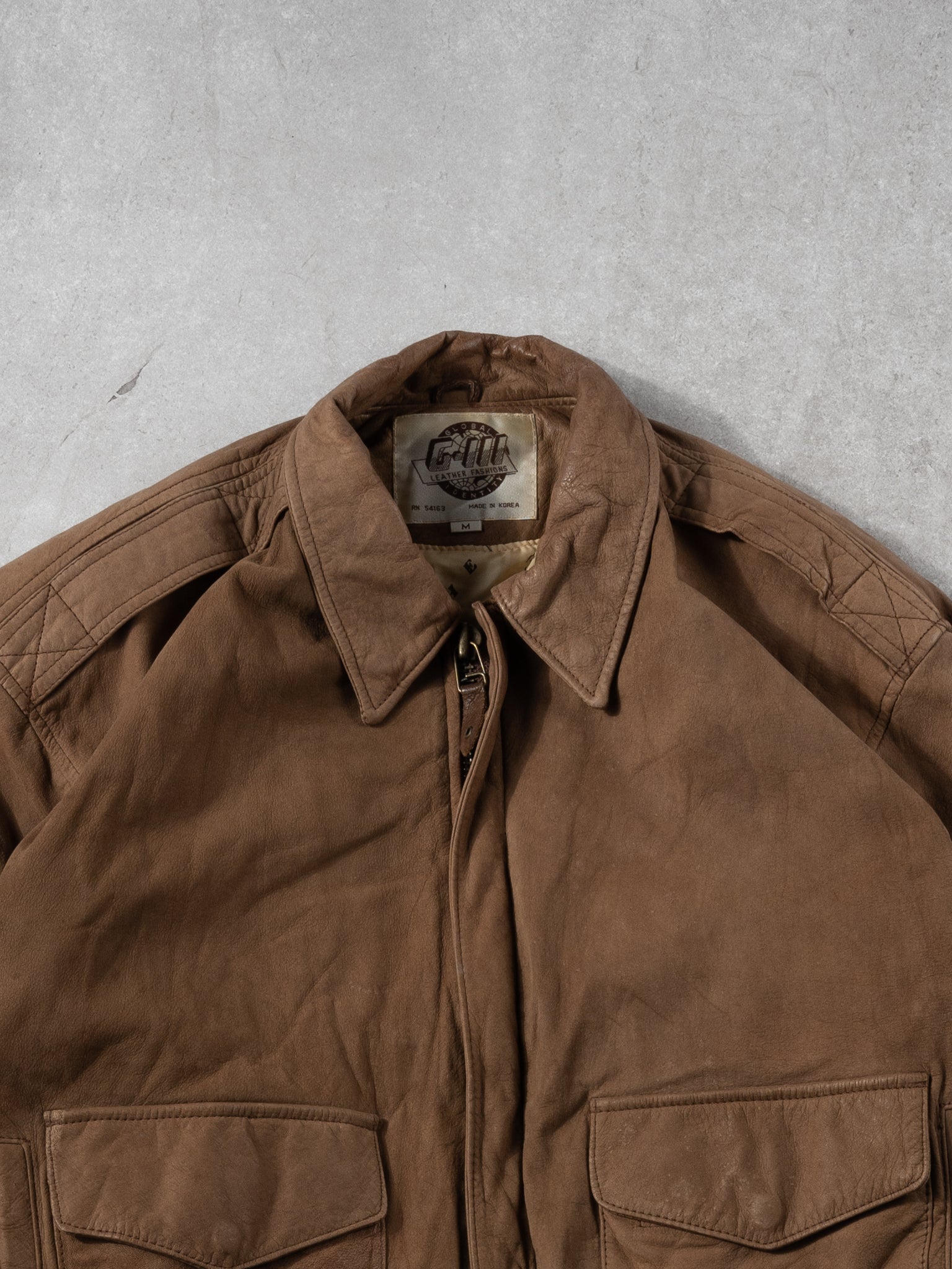 Vintage 80s Washed Brown Leather Bomber Jacket (M)