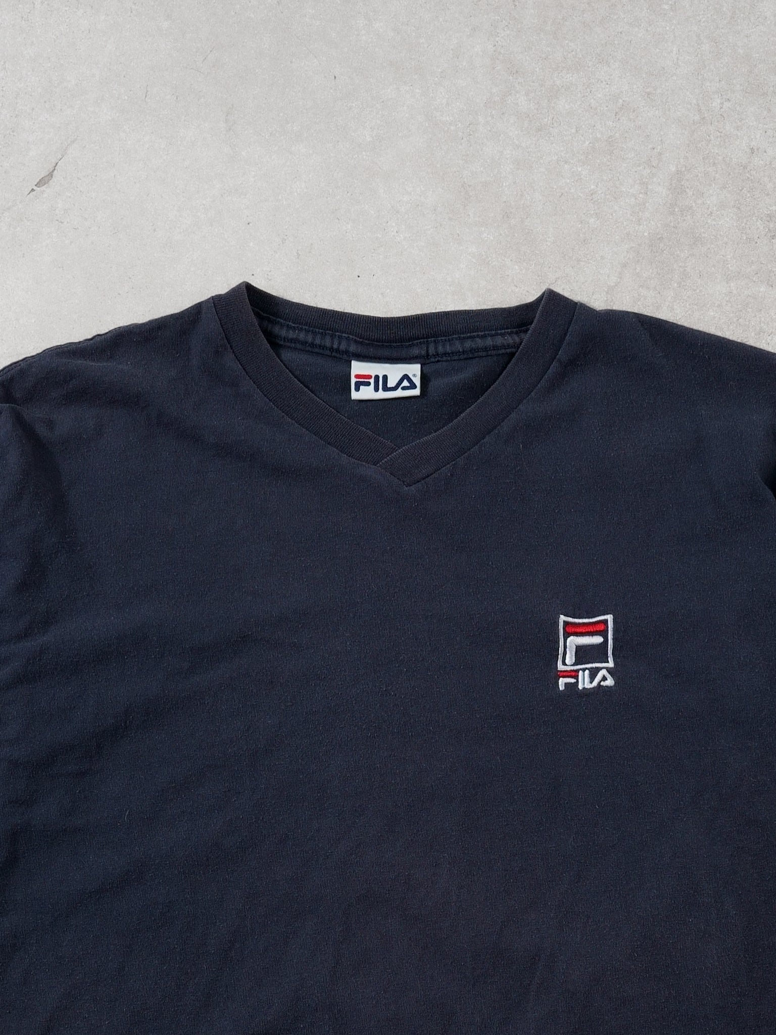 Vintage 90s Navy Blue Fila Embroidery V Neck Tee (S)