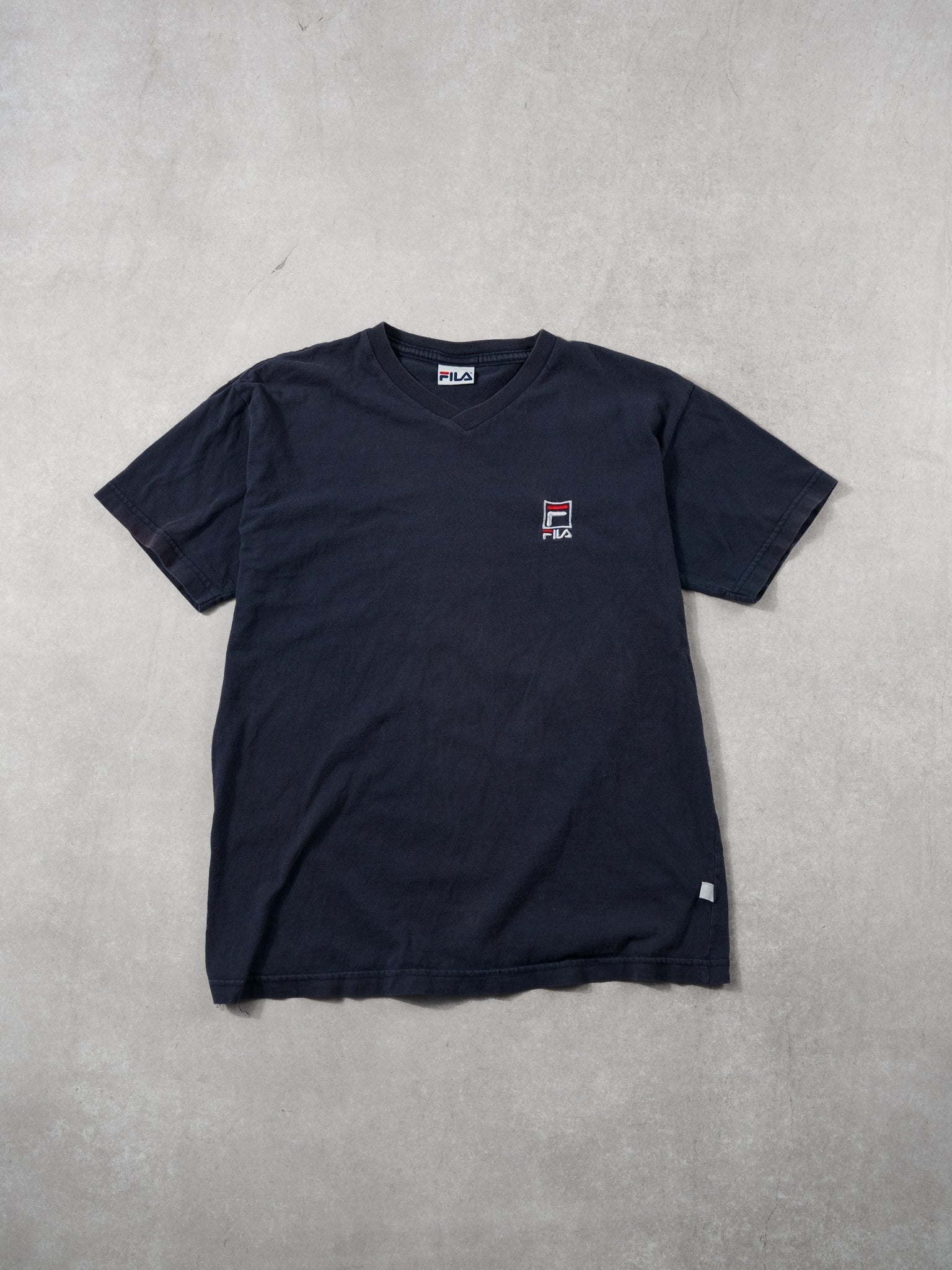Vintage 90s Navy Blue Fila Embroidery V Neck Tee (S)