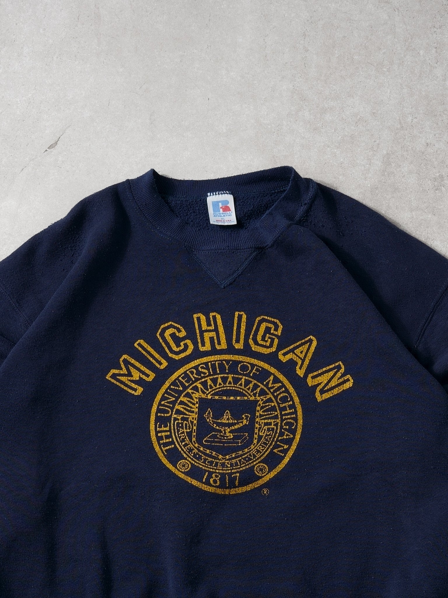 Vintage 80s Navy Blue and Yellow University of Michigan Russell Athletics Crewneck (L)