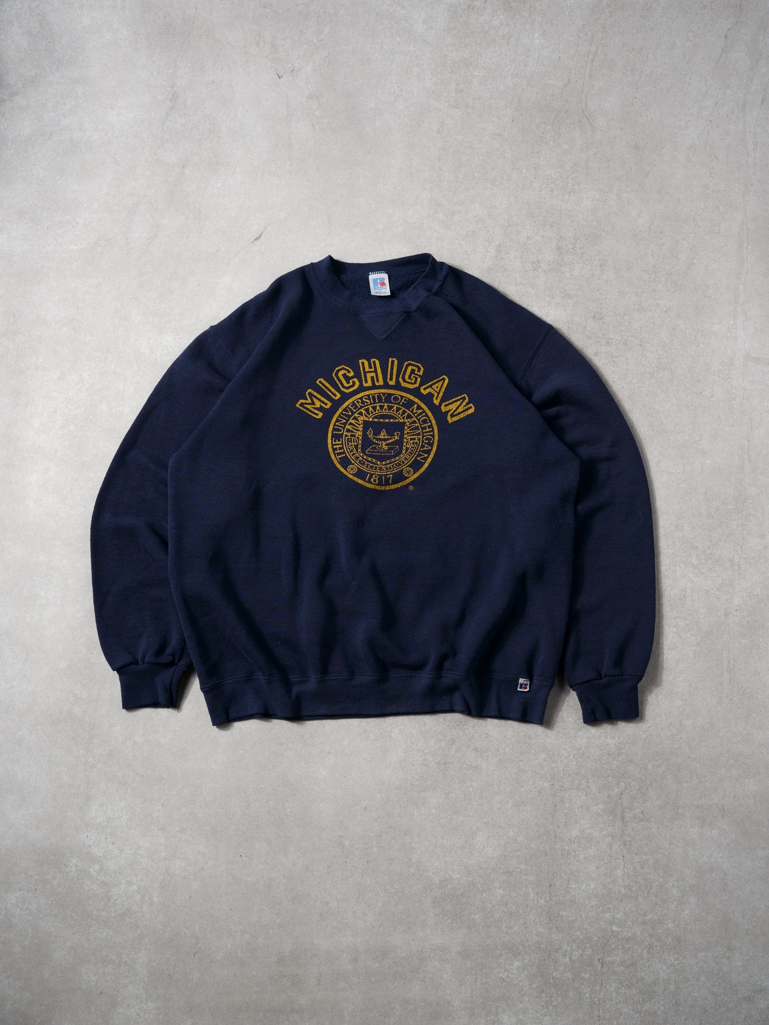 Vintage 80s Navy Blue and Yellow University of Michigan Russell Athletics Crewneck (L)