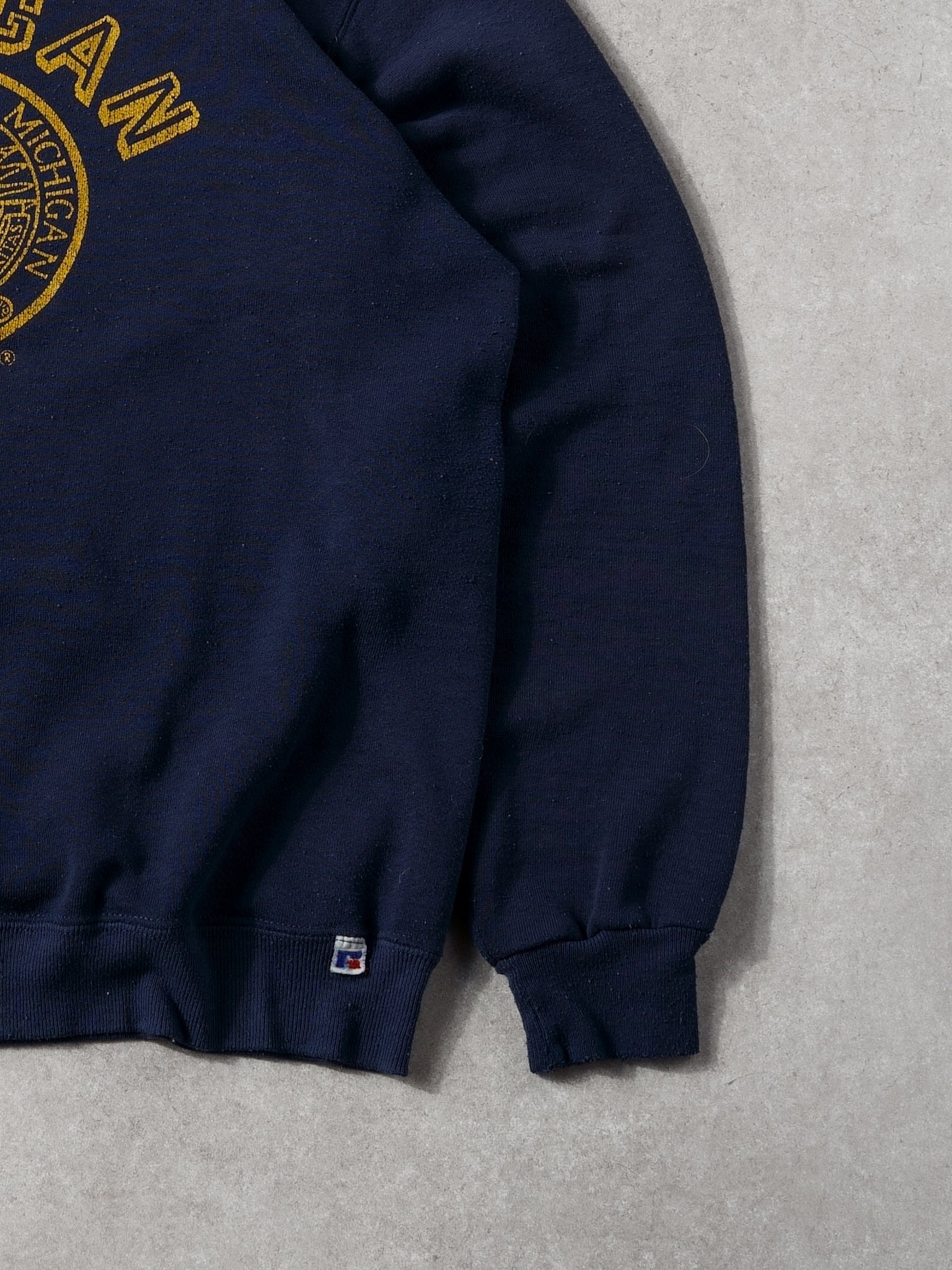 Vintage 80s Navy Blue and Yellow University of Michigan Russell Athletics Crewneck (L)