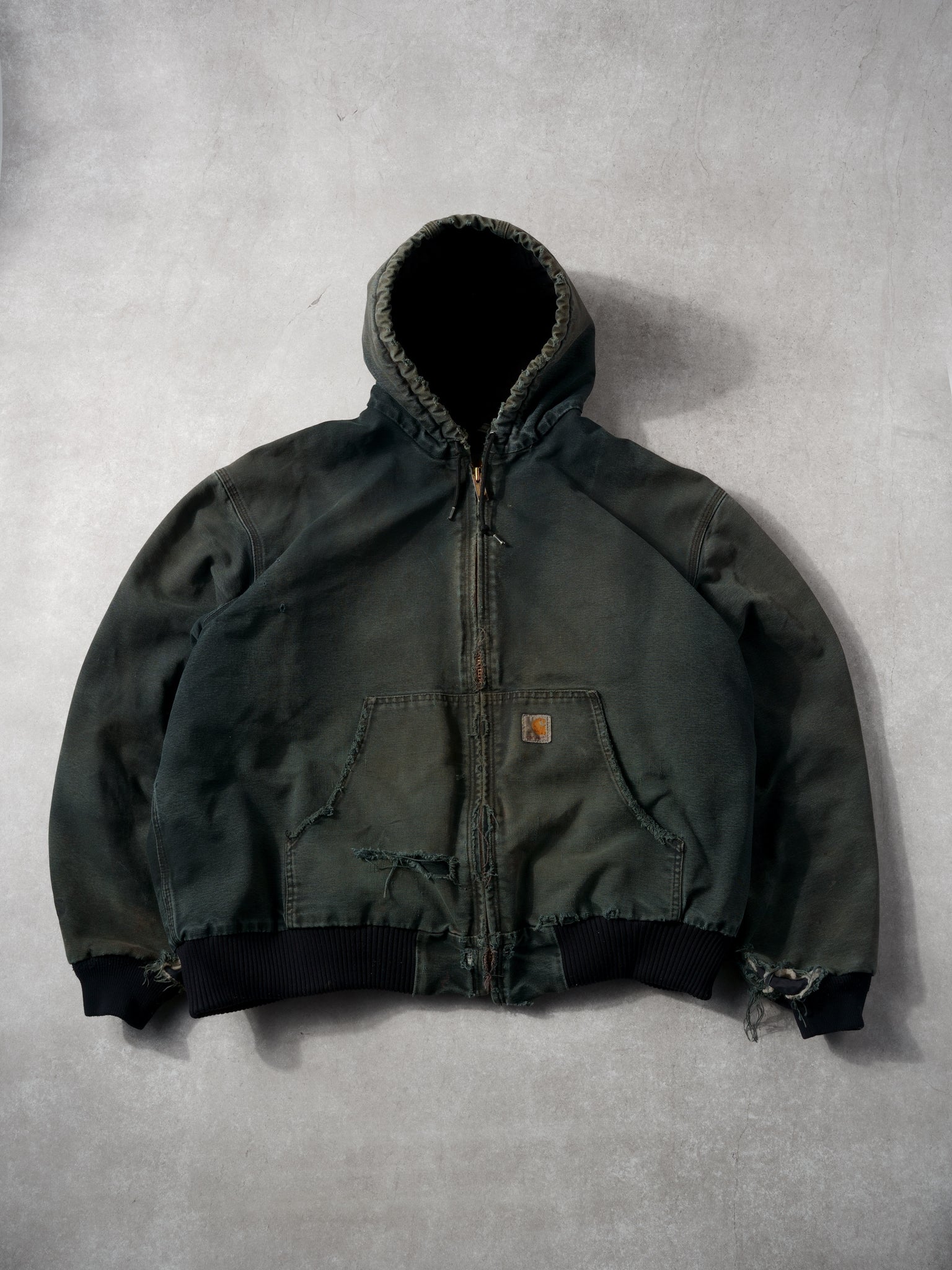 Vintage Washed Dark Green Carhartt Hooded Lined Workwear Jacket (XXL)