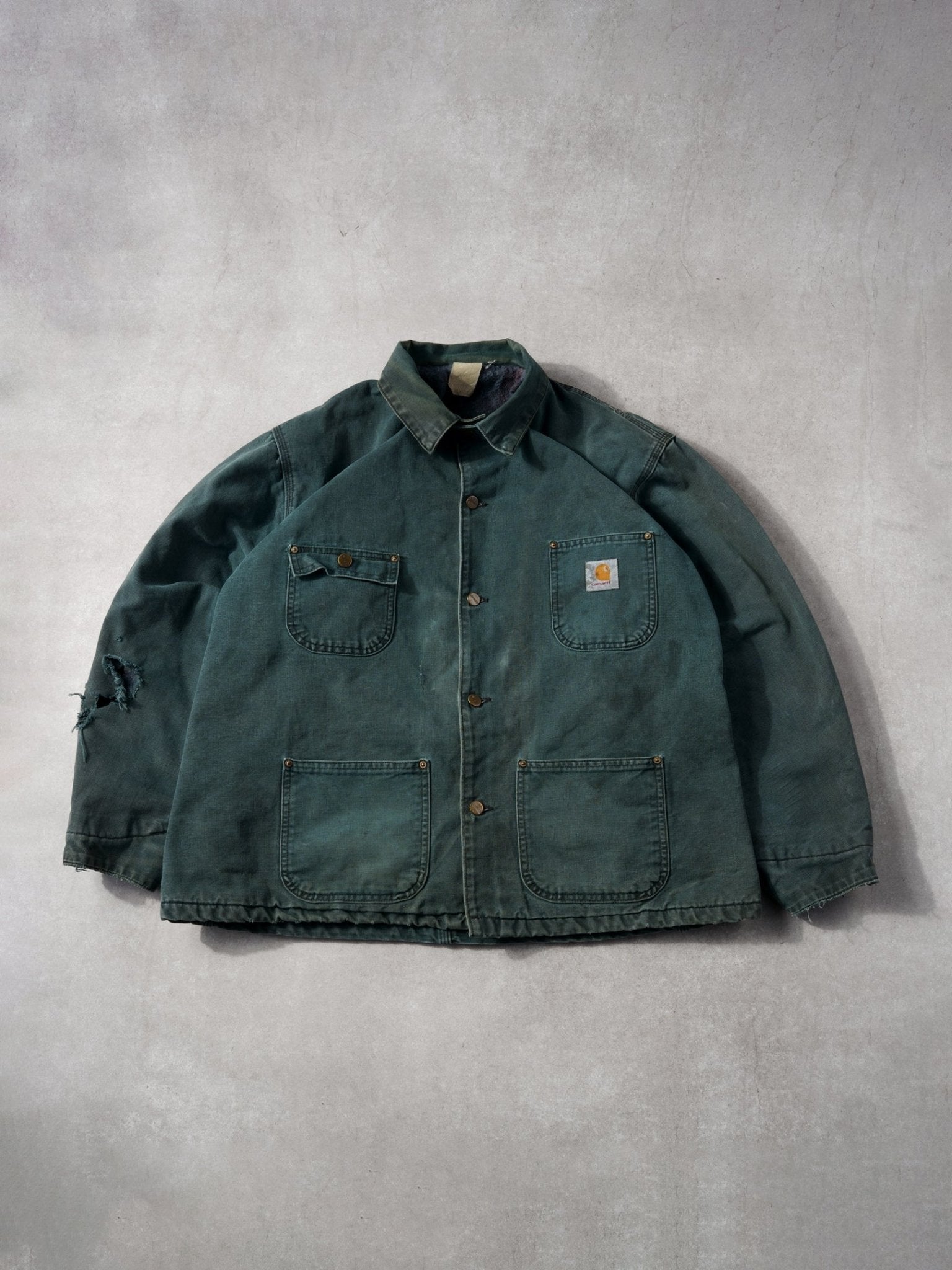 Vintage 90s Washed Pine Green Carhartt Collared Lined Workwear Jacket (XL)