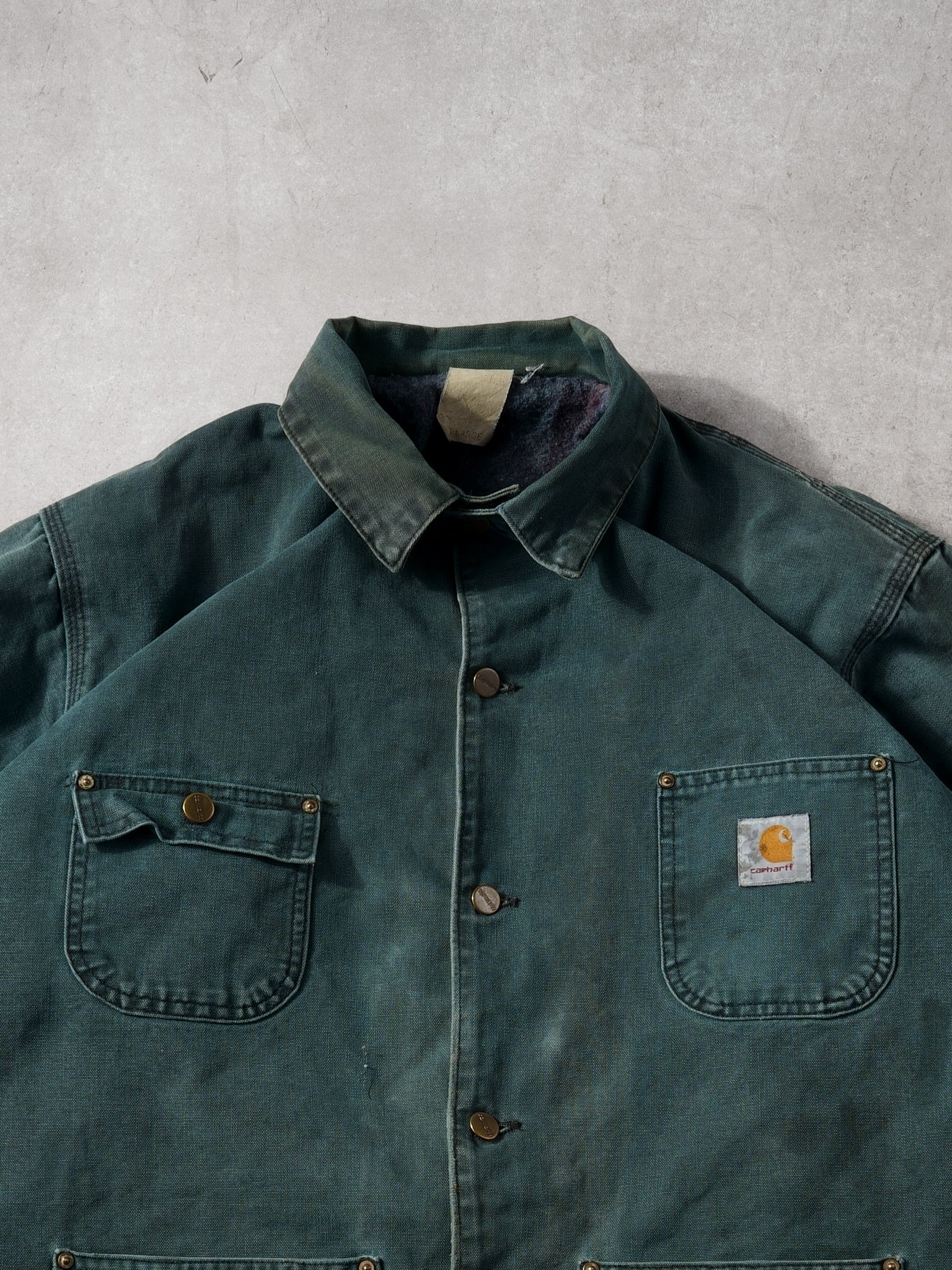 Vintage 90s Washed Pine Green Carhartt Collared Lined Workwear Jacket (XL)