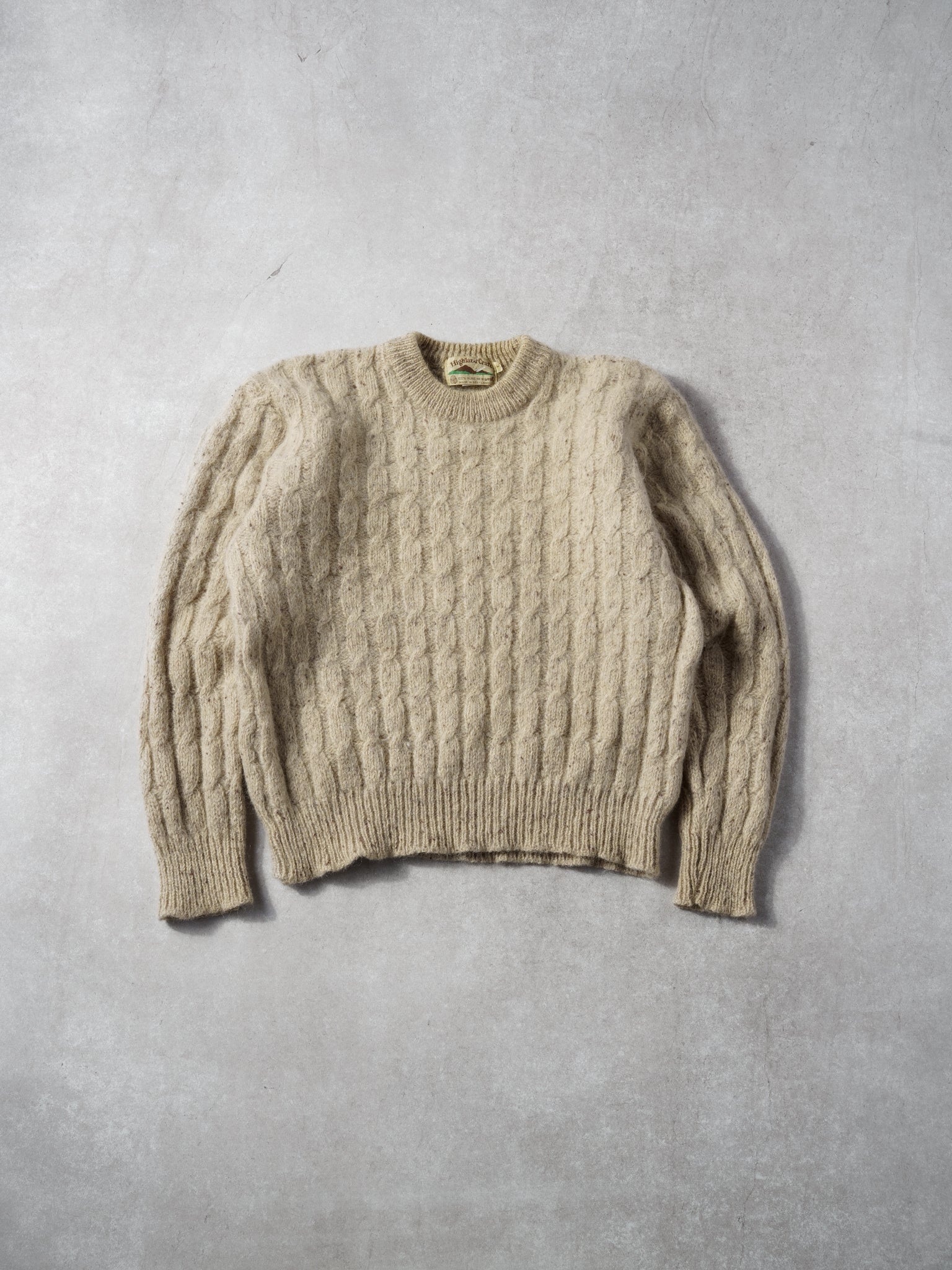 Vintage 90s Biege Highland Craft Stripe Knit Wool Sweater (S)