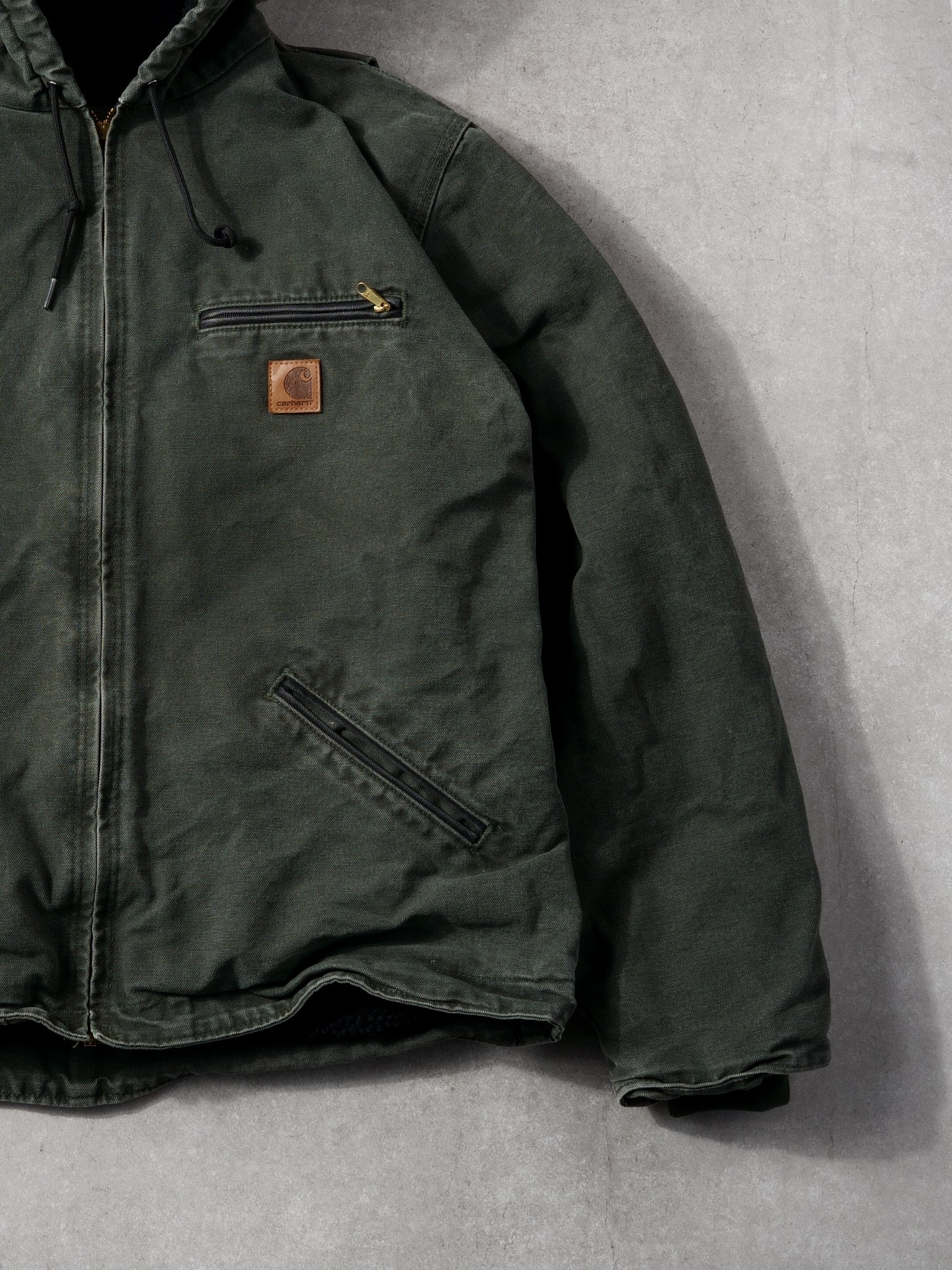 Vintage Washed Dark Green Carhartt "Callaway" Hooded Lined Workwear Jacket (L)