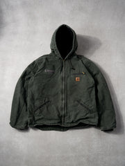 Vintage Washed Dark Green Carhartt "Callaway" Hooded Lined Workwear Jacket (L)