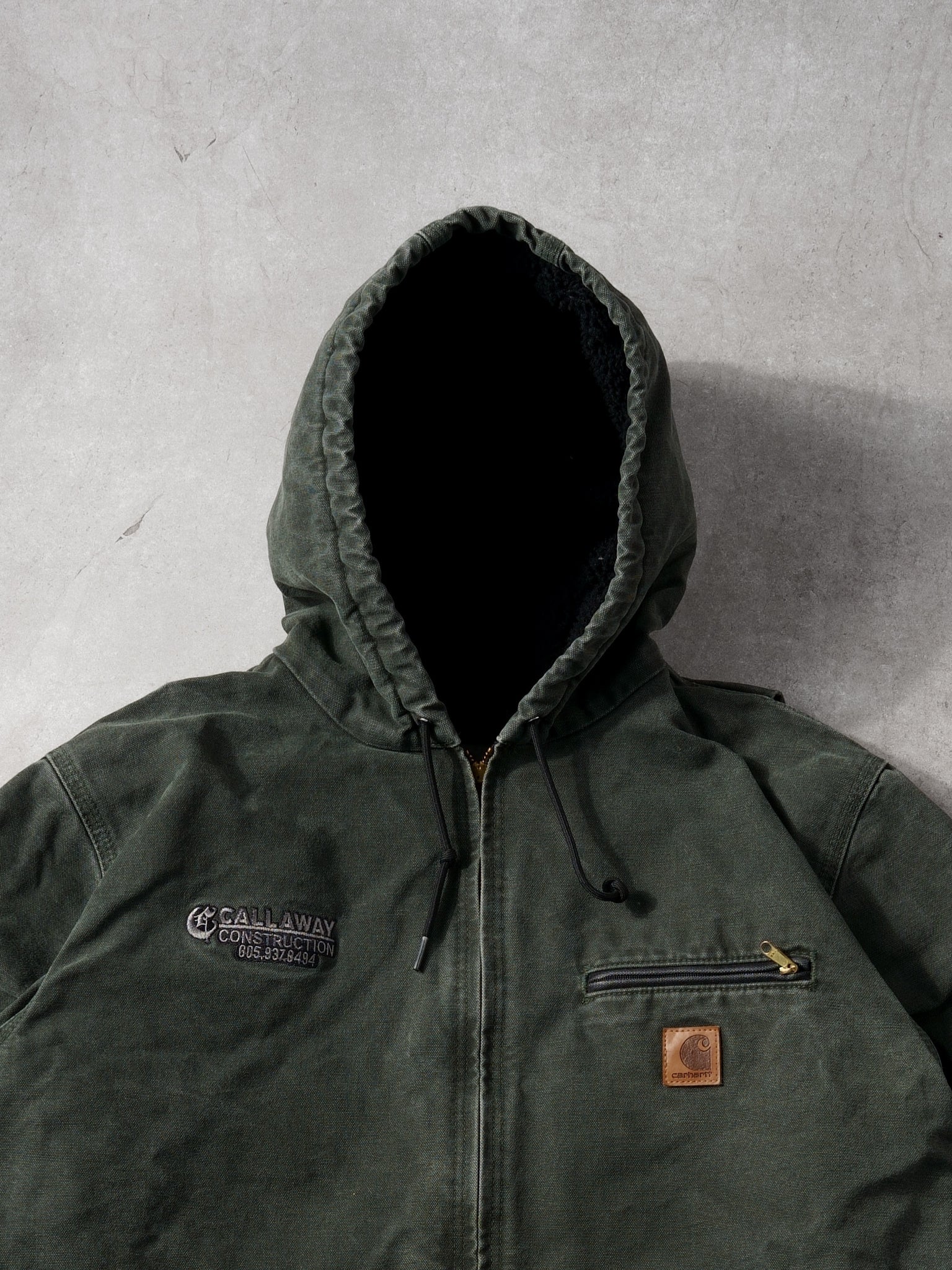 Vintage Washed Dark Green Carhartt "Callaway" Hooded Lined Workwear Jacket (L)