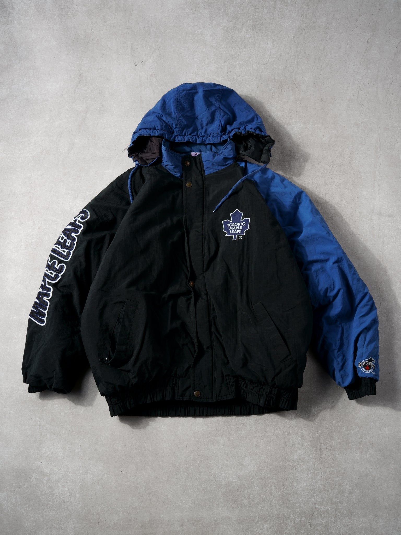 Vintage 90s Blue and Black Toronto Maple Leafs Hooded Jacket (XL)