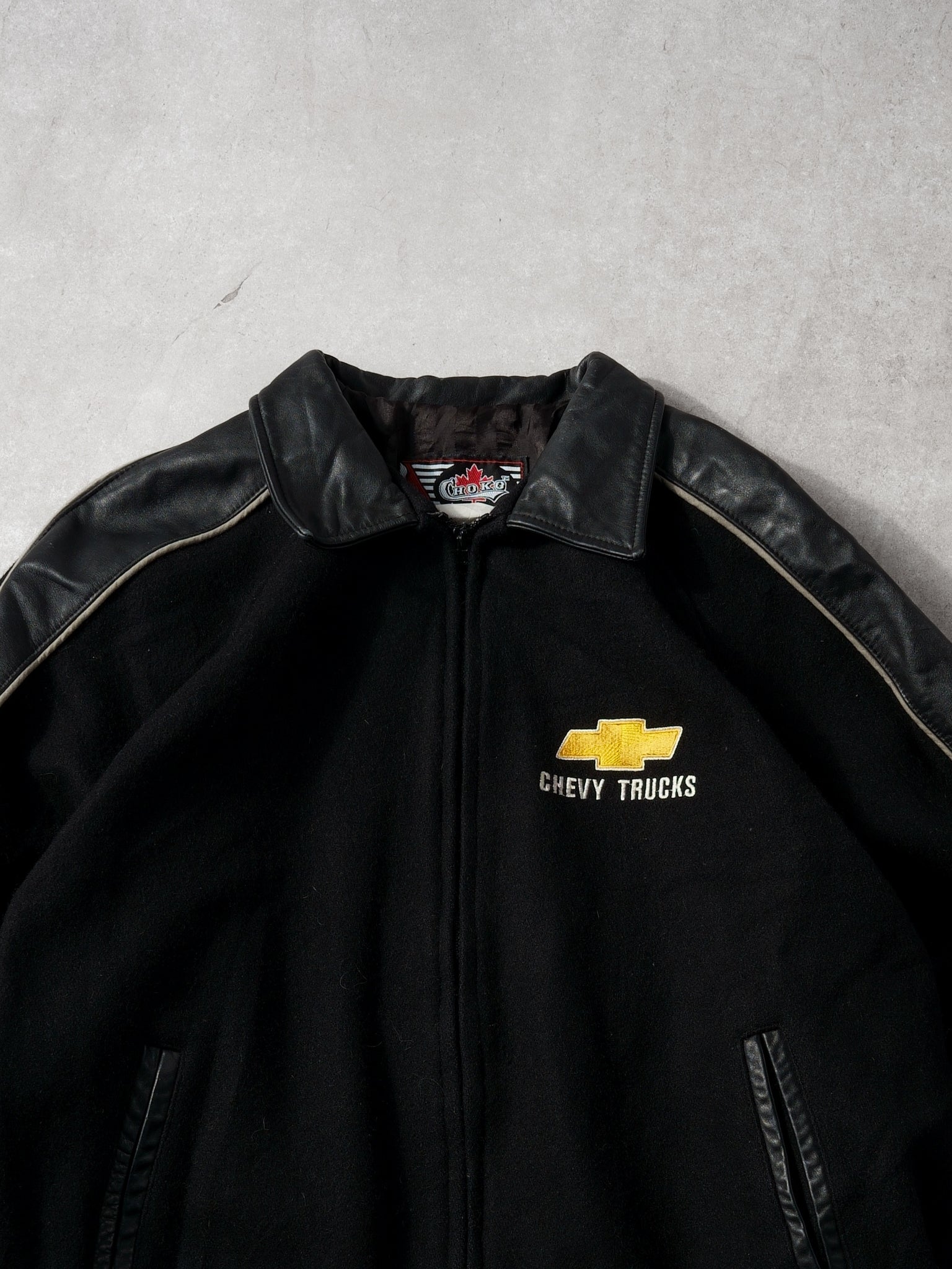 Vintage 90 Black Chevy Trucks Collared Leather Jacket (L)