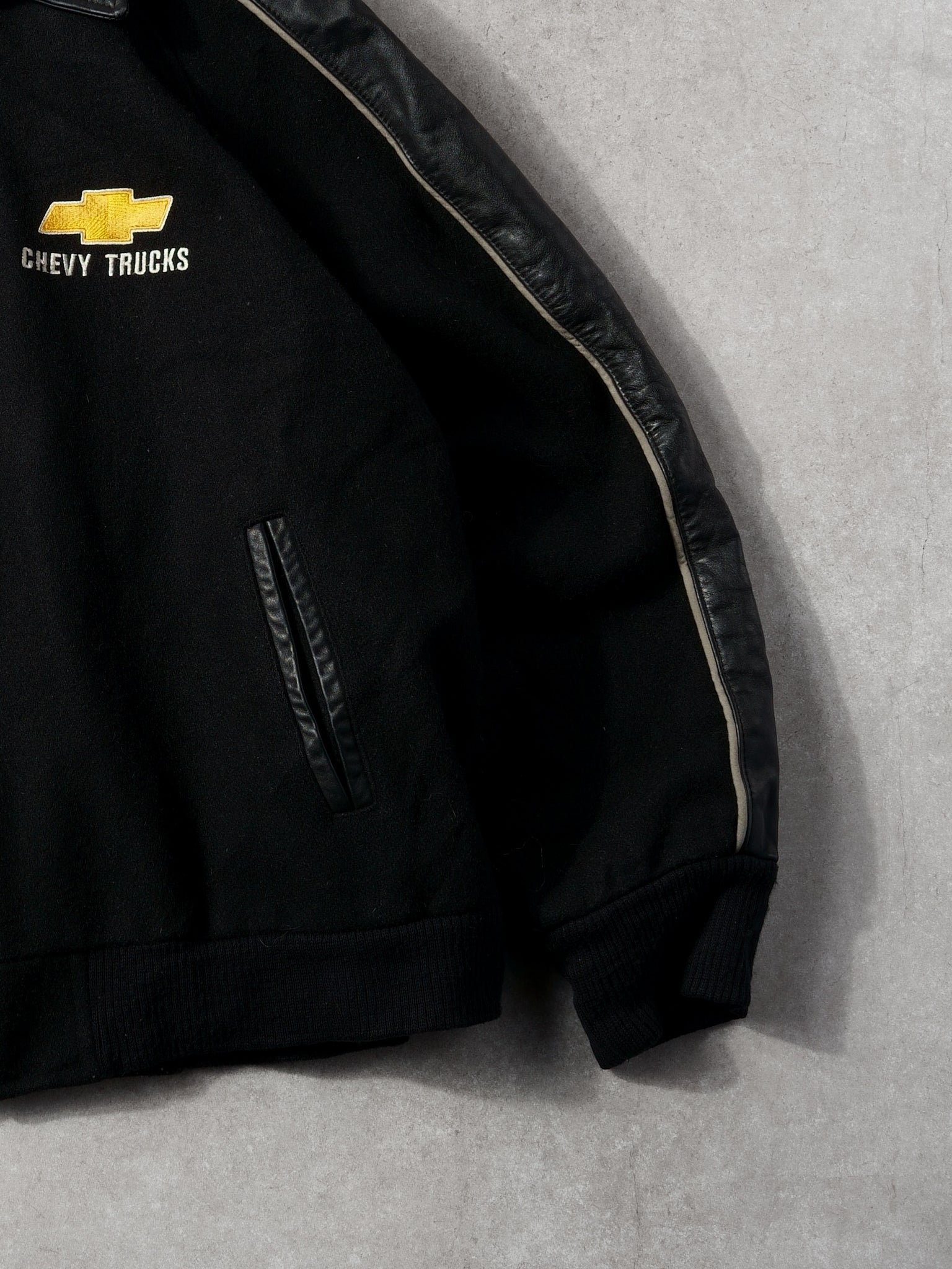 Vintage 90 Black Chevy Trucks Collared Leather Jacket (L)