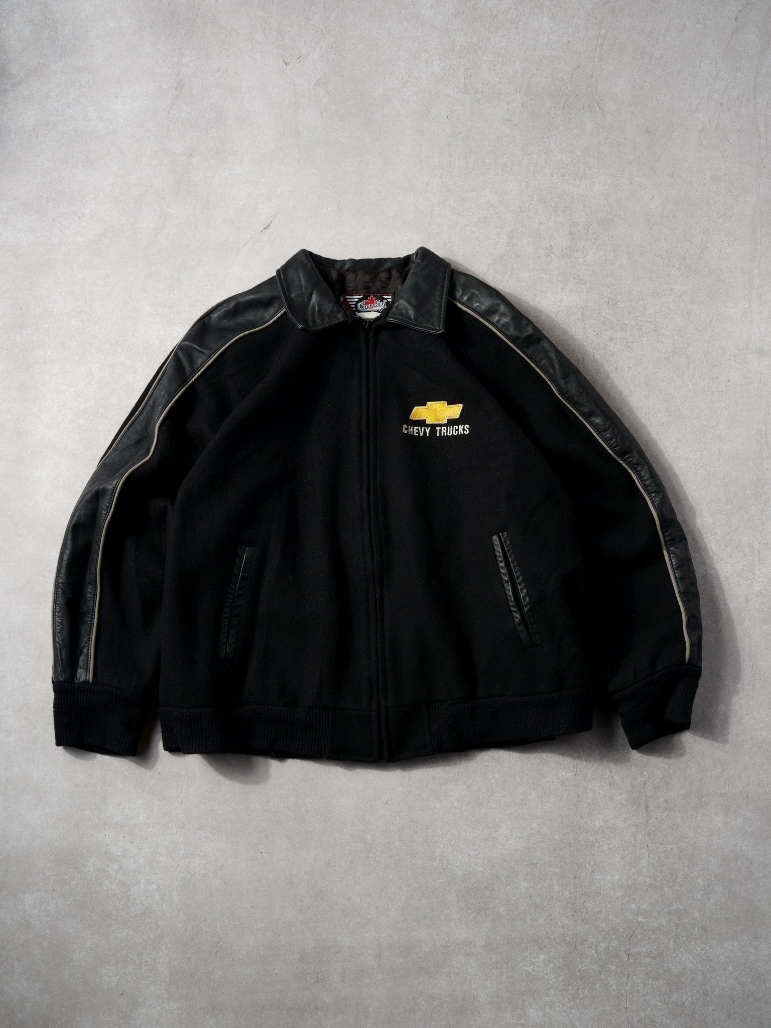 Vintage 90 Black Chevy Trucks Collared Leather Jacket (L)