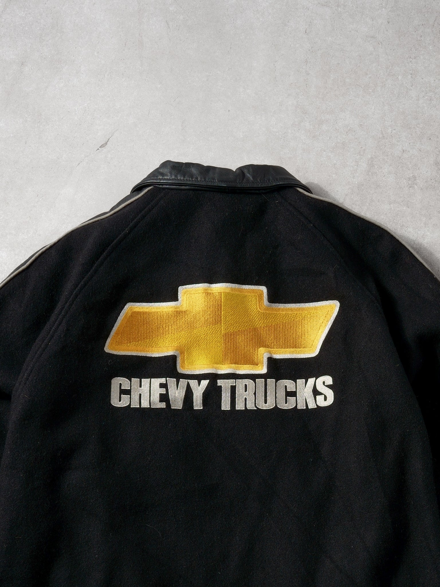 Vintage 90 Black Chevy Trucks Collared Leather Jacket (L)