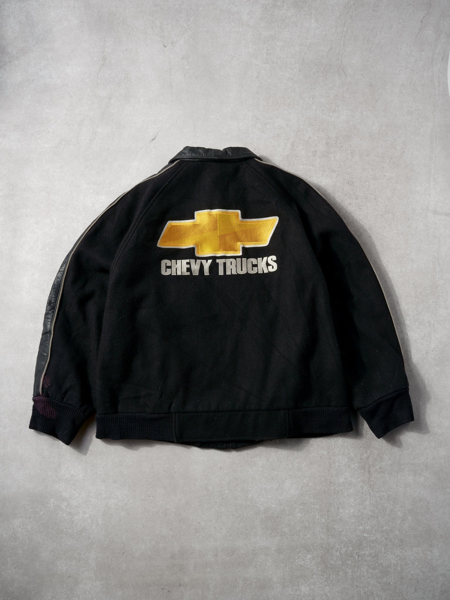 Vintage 90 Black Chevy Trucks Collared Leather Jacket (L)