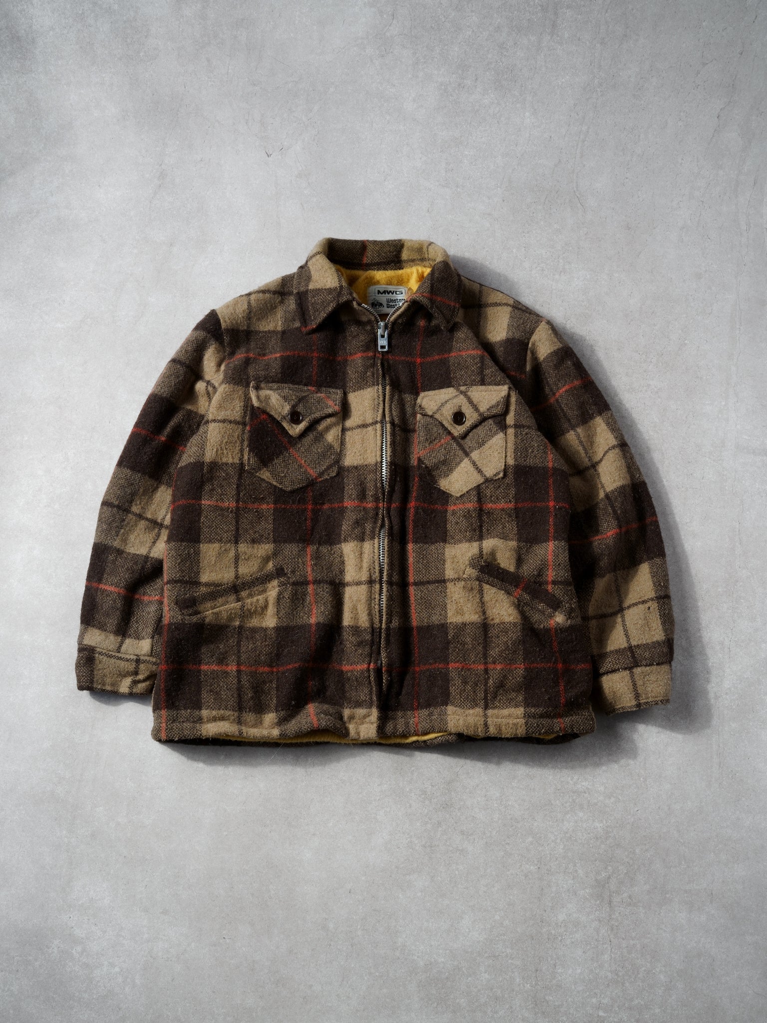 Vintage 80s Brown, Beige and Red Westen's Best Plaid Wool Zip Up (L)