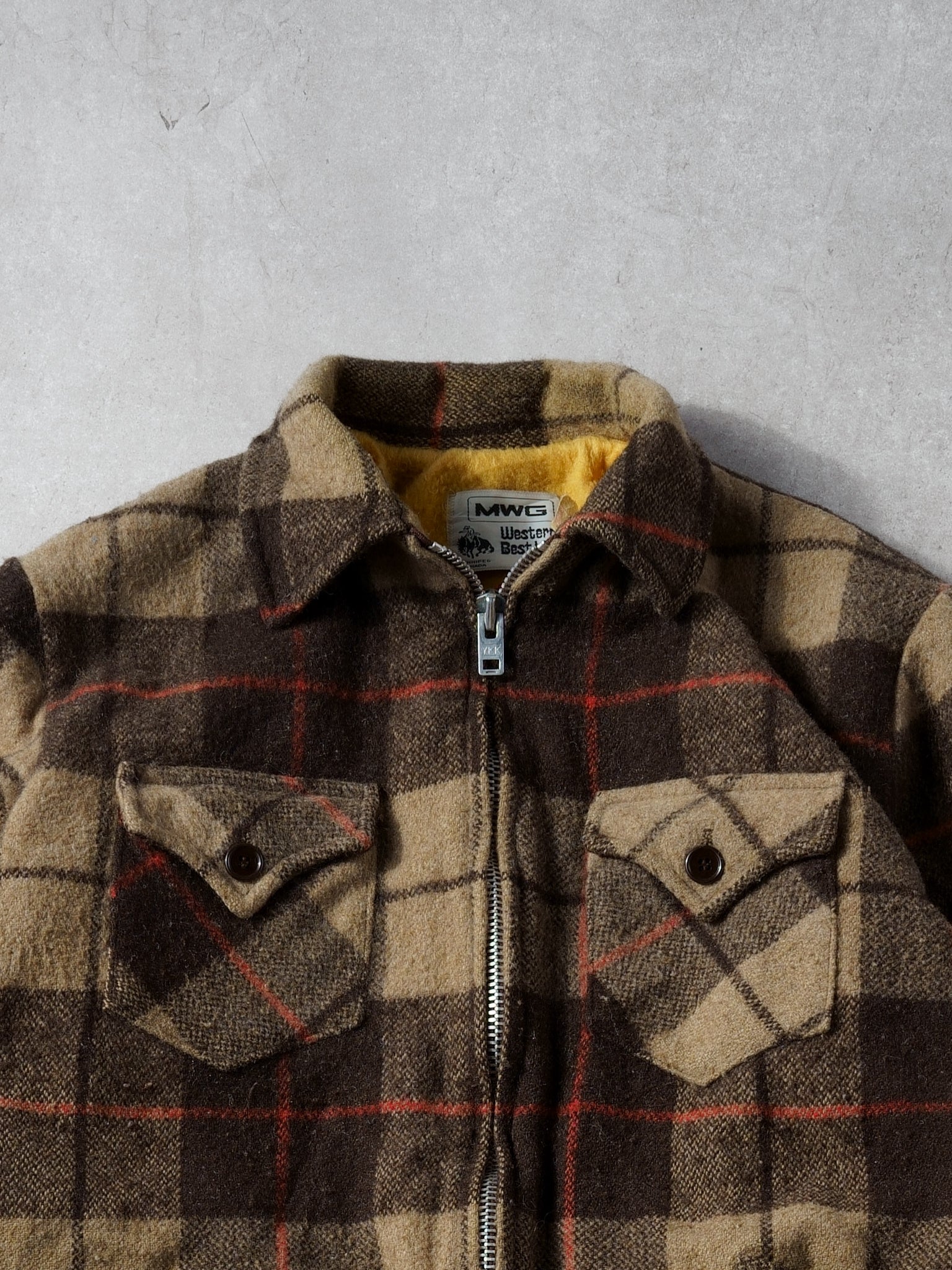 Vintage 80s Brown, Beige and Red Westen's Best Plaid Wool Zip Up (L)
