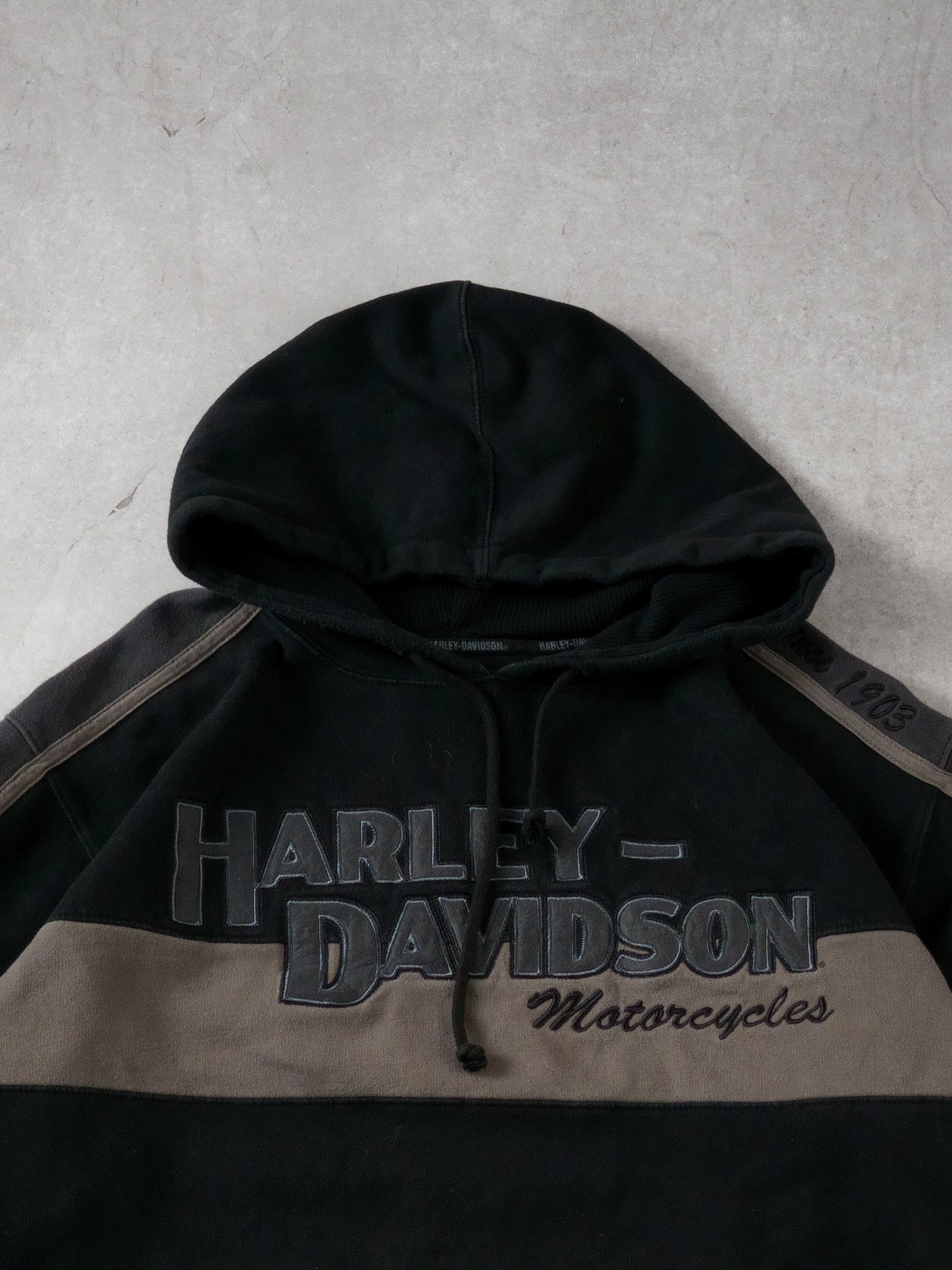 Vintage 90s Black and Grey Harley Davidson Hoodie (XXL)