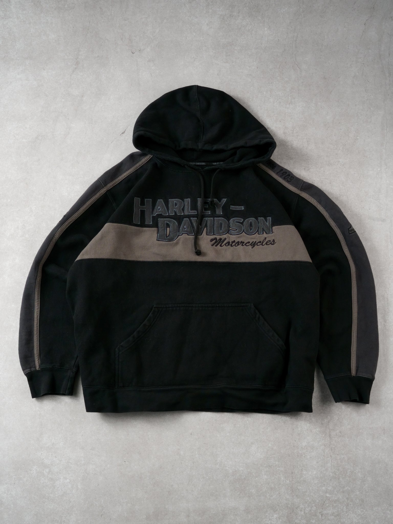 Vintage 90s Black and Grey Harley Davidson Hoodie (XXL)