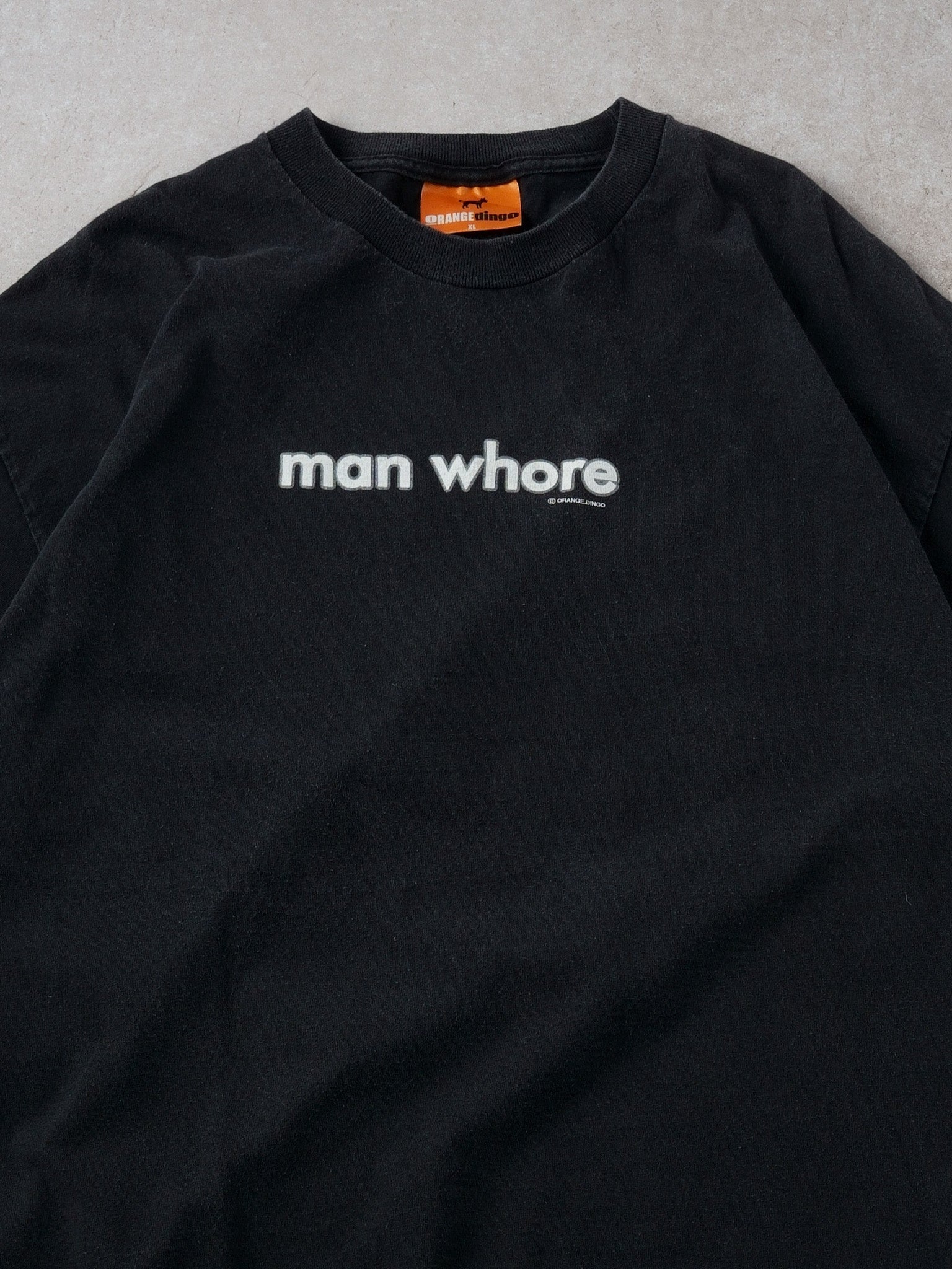Vintage 90s Washed Black "Man Whore" Quote Tee (L)
