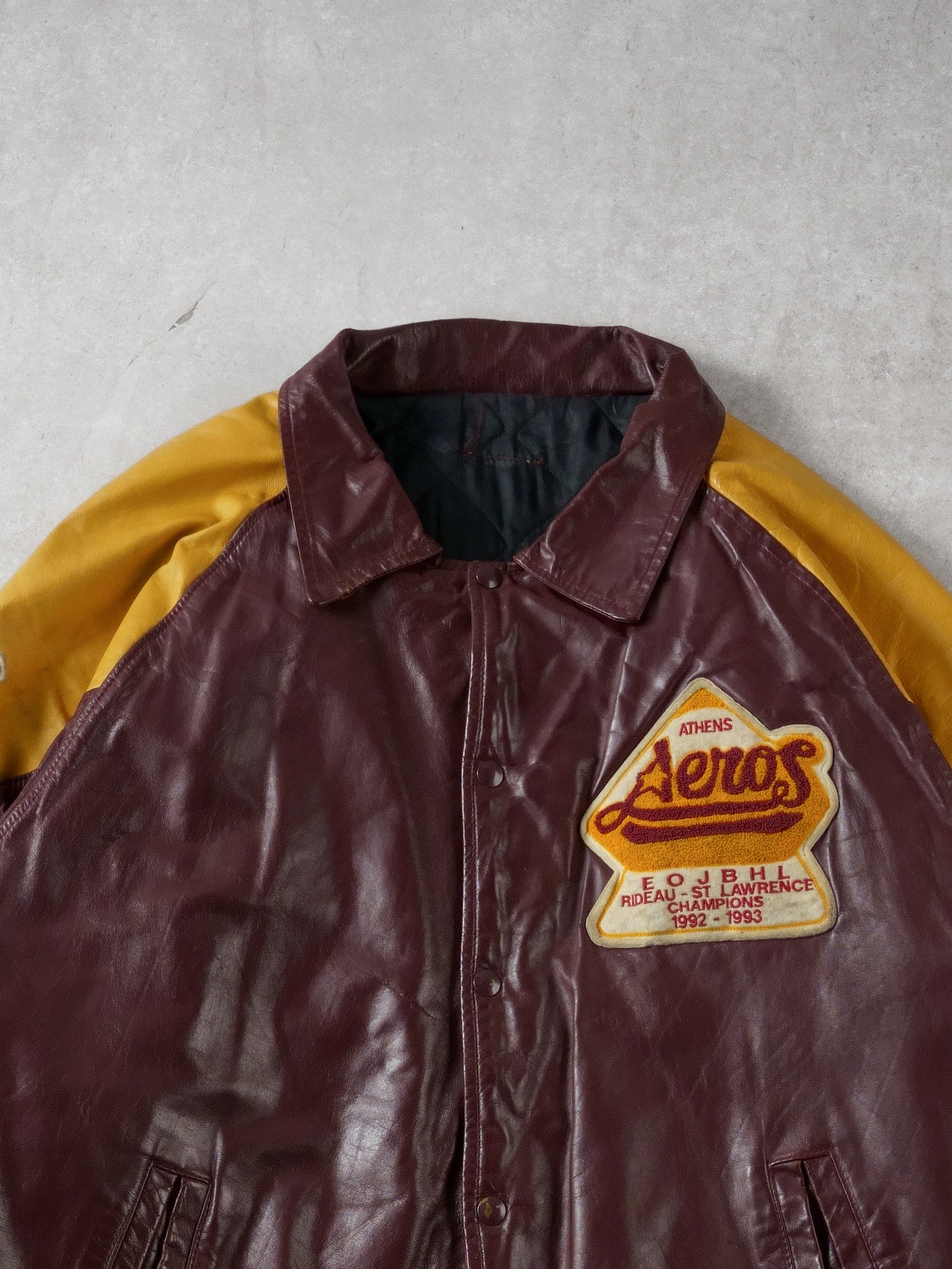 Vintage 93' Maroon and Yellow Athens Aeros Leather Jacket (L)
