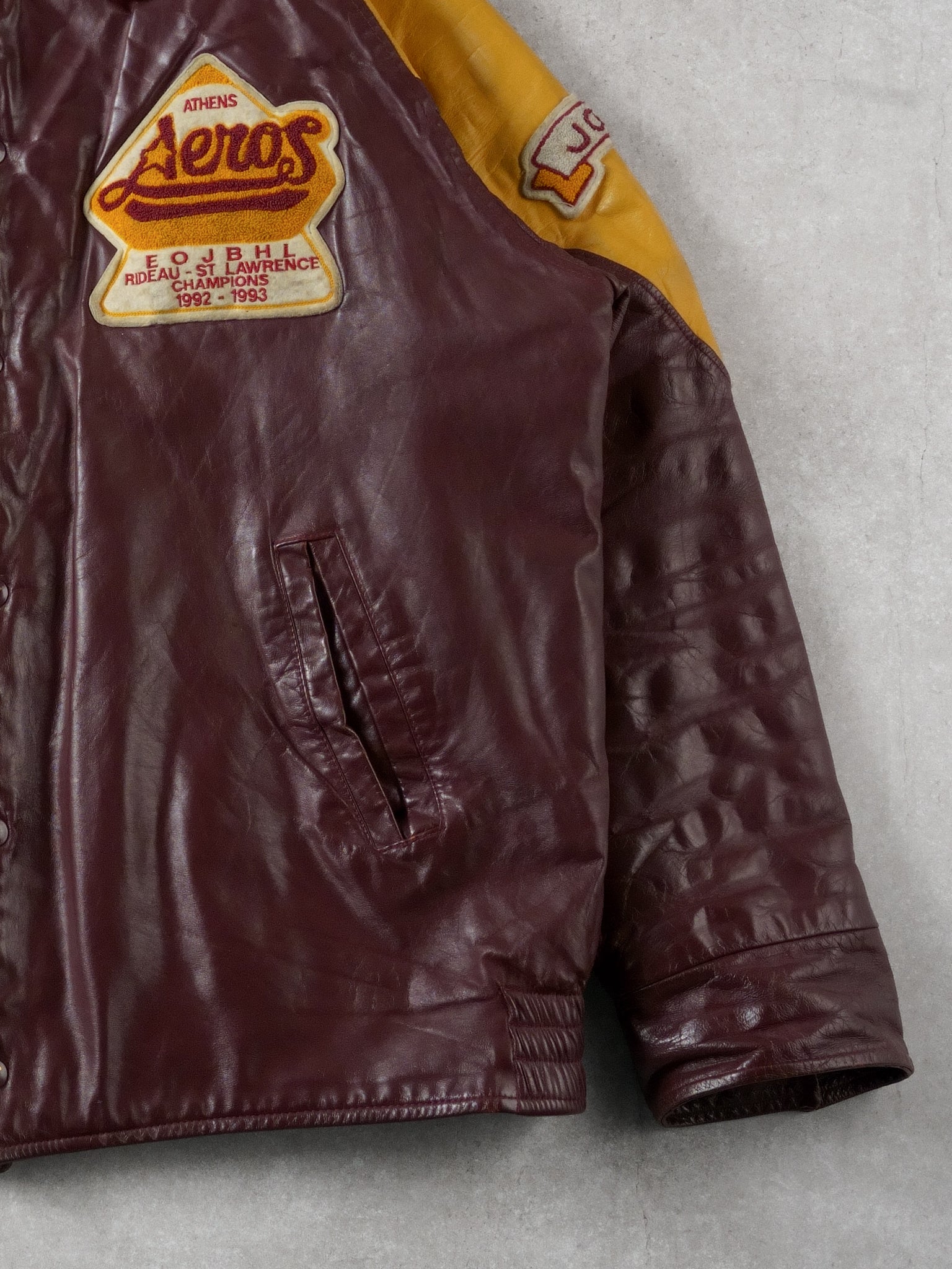 Vintage 93' Maroon and Yellow Athens Aeros Leather Jacket (L)