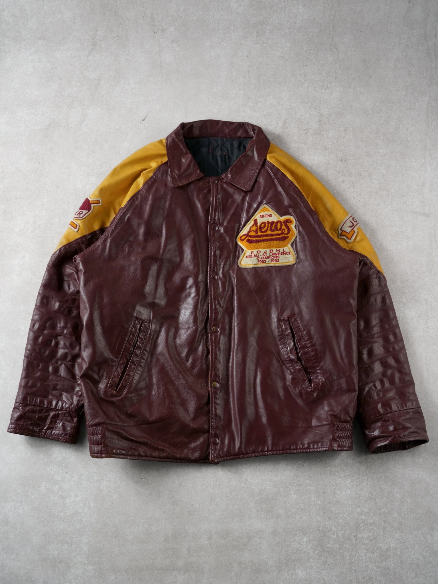 Vintage 93' Maroon and Yellow Athens Aeros Leather Jacket (L)