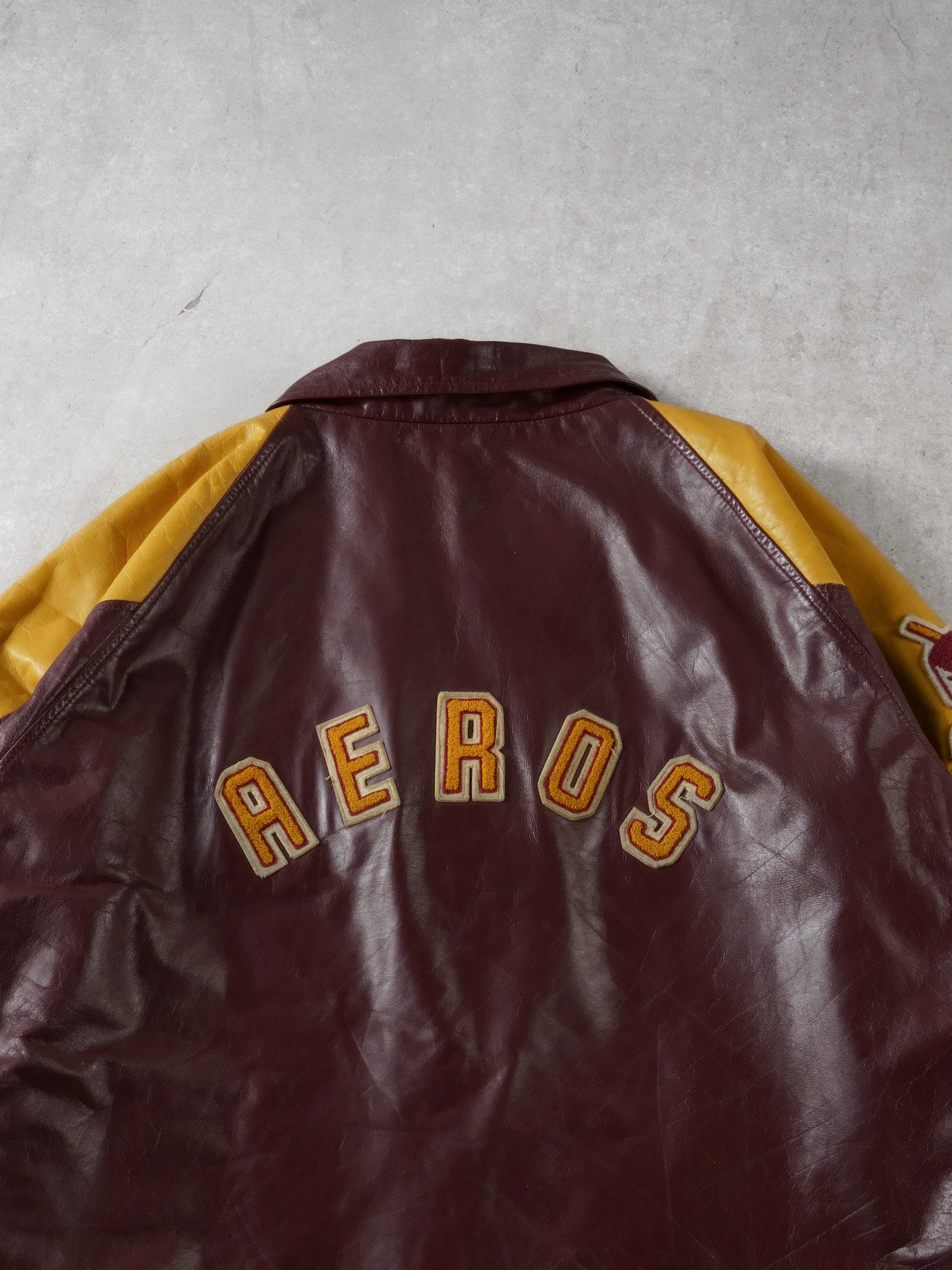 Vintage 93' Maroon and Yellow Athens Aeros Leather Jacket (L)