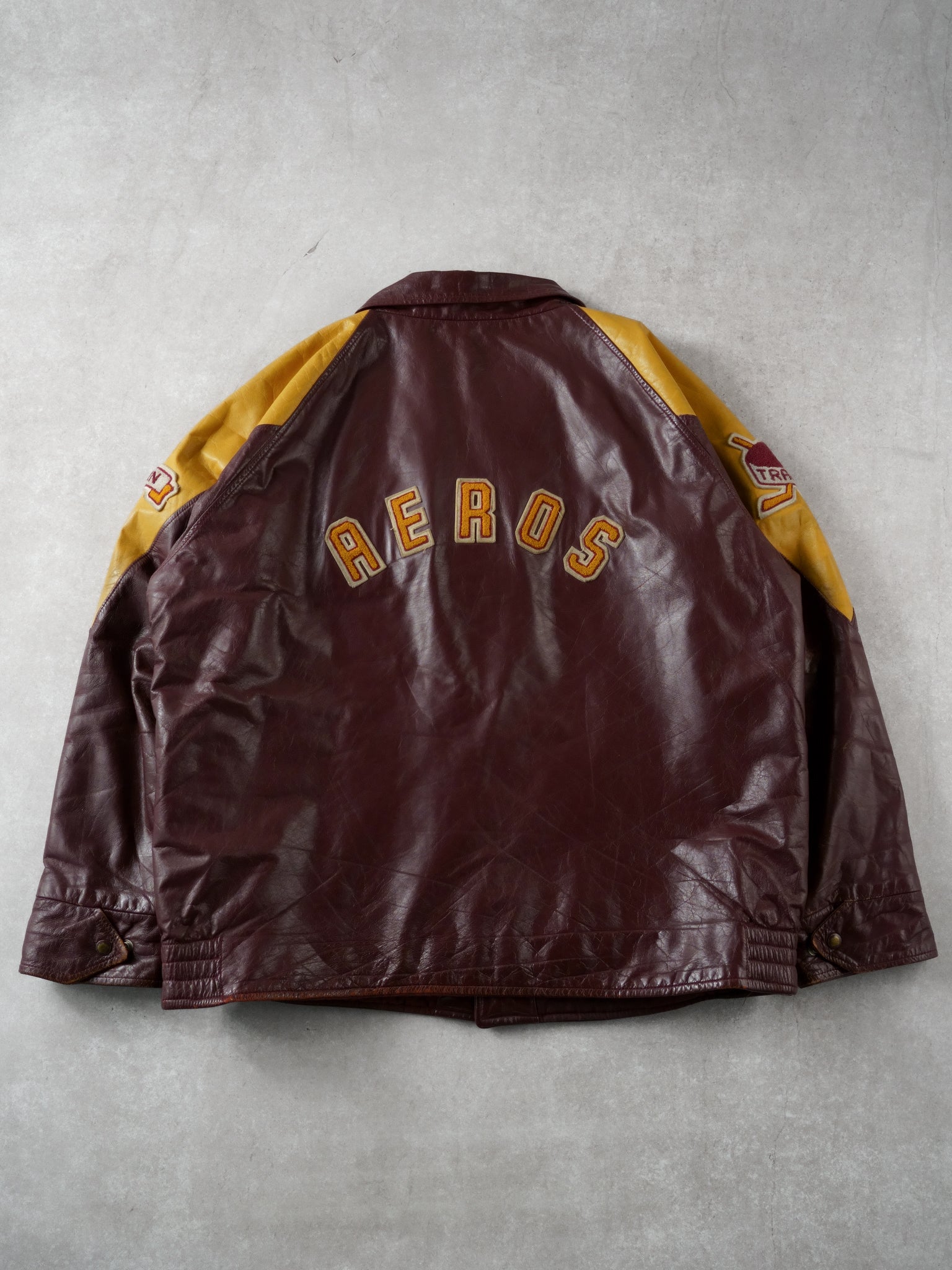 Vintage 93' Maroon and Yellow Athens Aeros Leather Jacket (L)