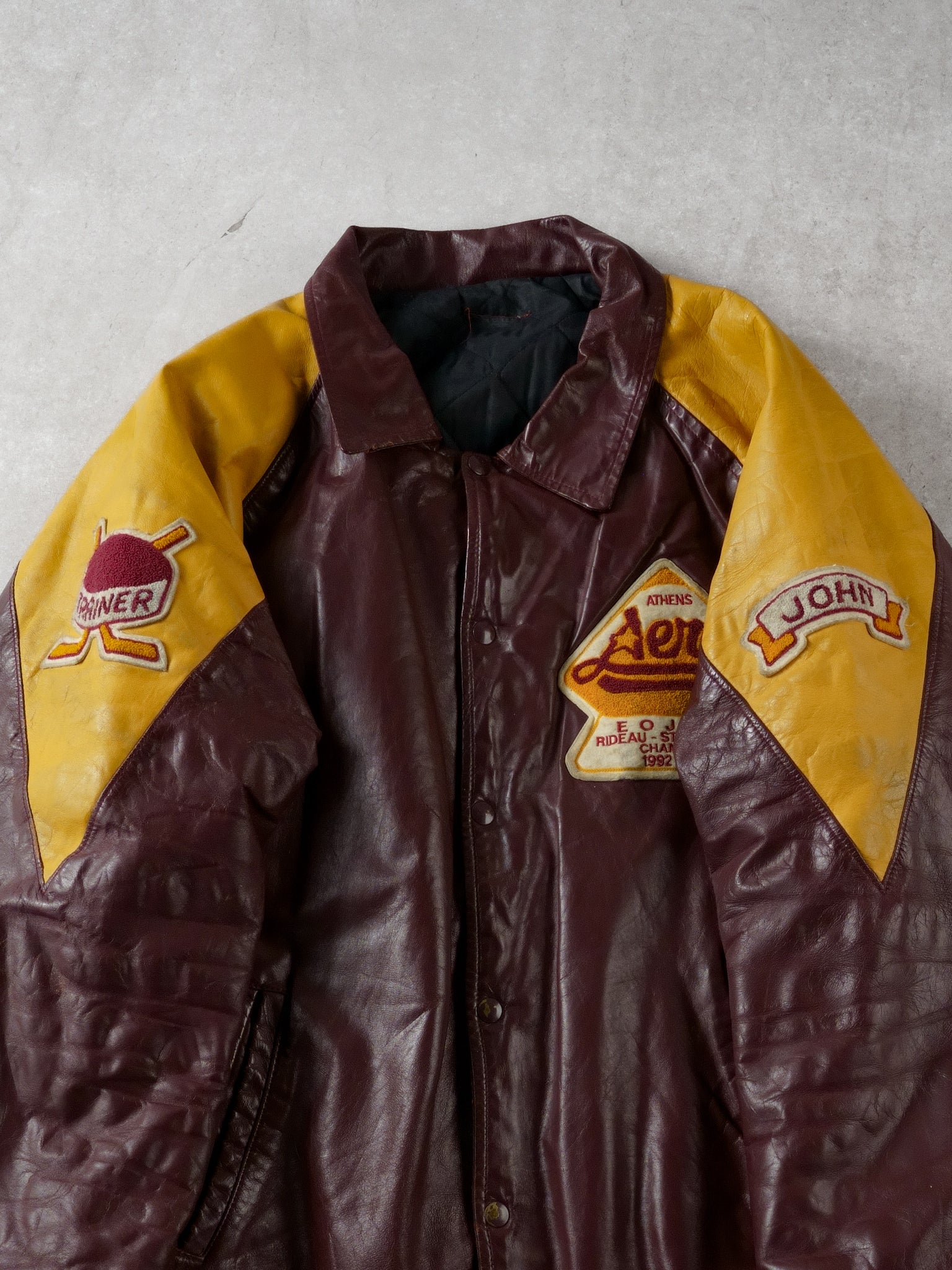Vintage 93' Maroon and Yellow Athens Aeros Leather Jacket (L)