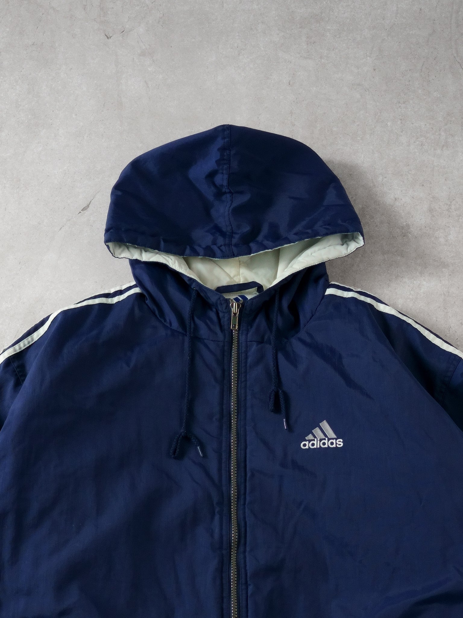 Vintage 90s Navy Blue Adidas Hooded Windbreaker (L)